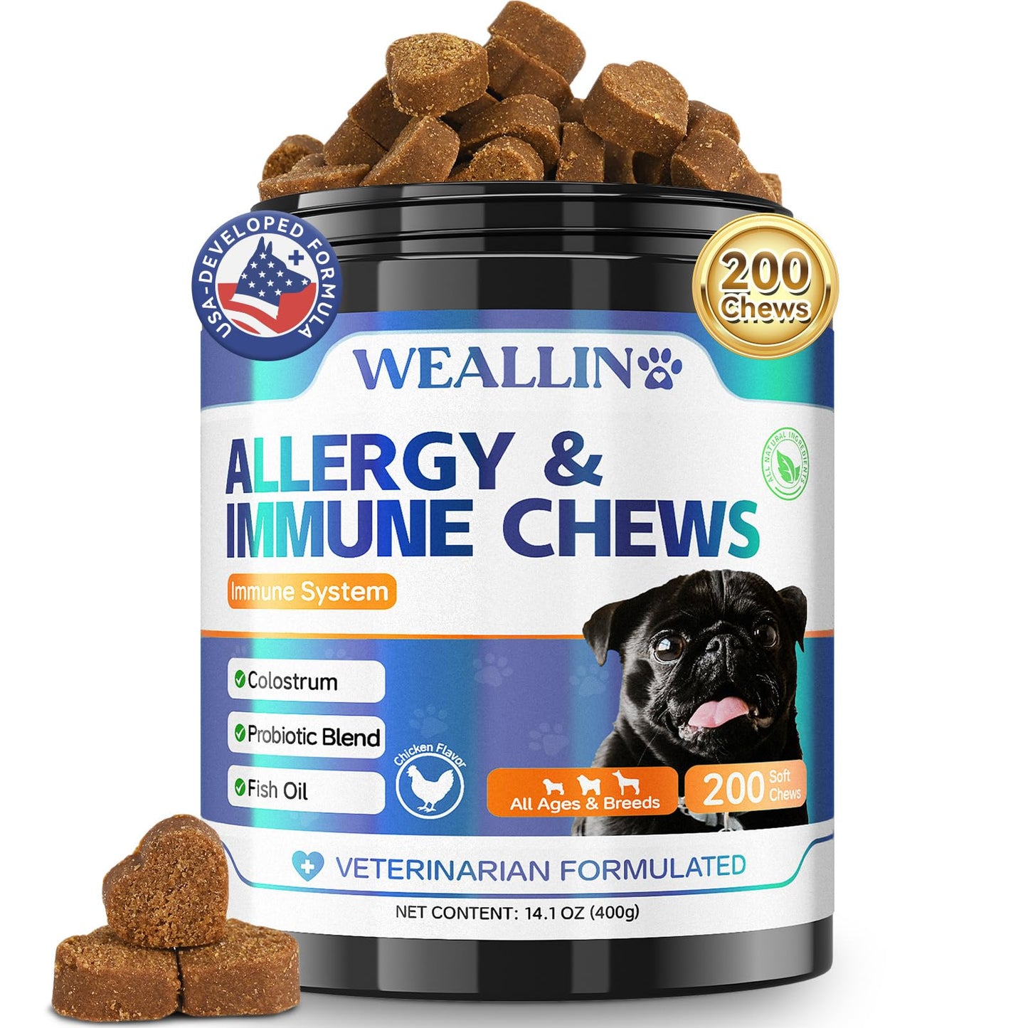 200 PCS Dog Allergy Chews, Dog Allergy Relief Chews with Probiotic Anti-Itch for Dogs - Omega 3 Fish Oil - Itching Skin Relief, Immune & Skin & Coat Support, Hot Spots, Paw Licking and Sensitivities