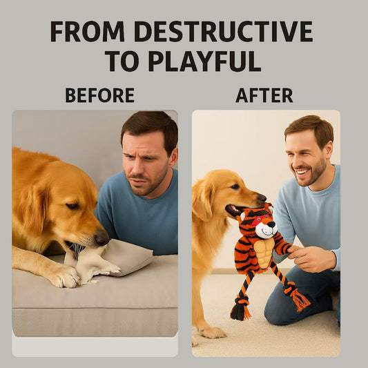 Calibonbon Durable Rope & Plush Dog Toy for Aggressive Chewers – Muscle Tiger Squeaky Tug Toy for Medium & Large Dogs, Interactive Chew & Play