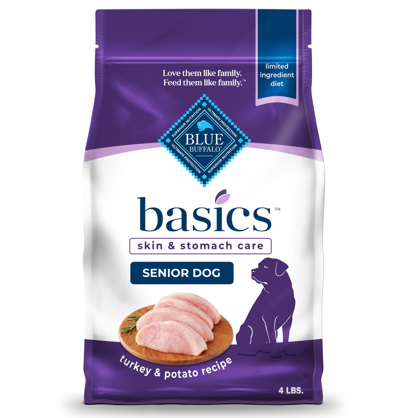 Blue Buffalo Basics Grain-Free Senior Dry Dog Food, Skin & Stomach Care, Limited Ingredient Diet, Turkey Recipe, 4-lb. Bag