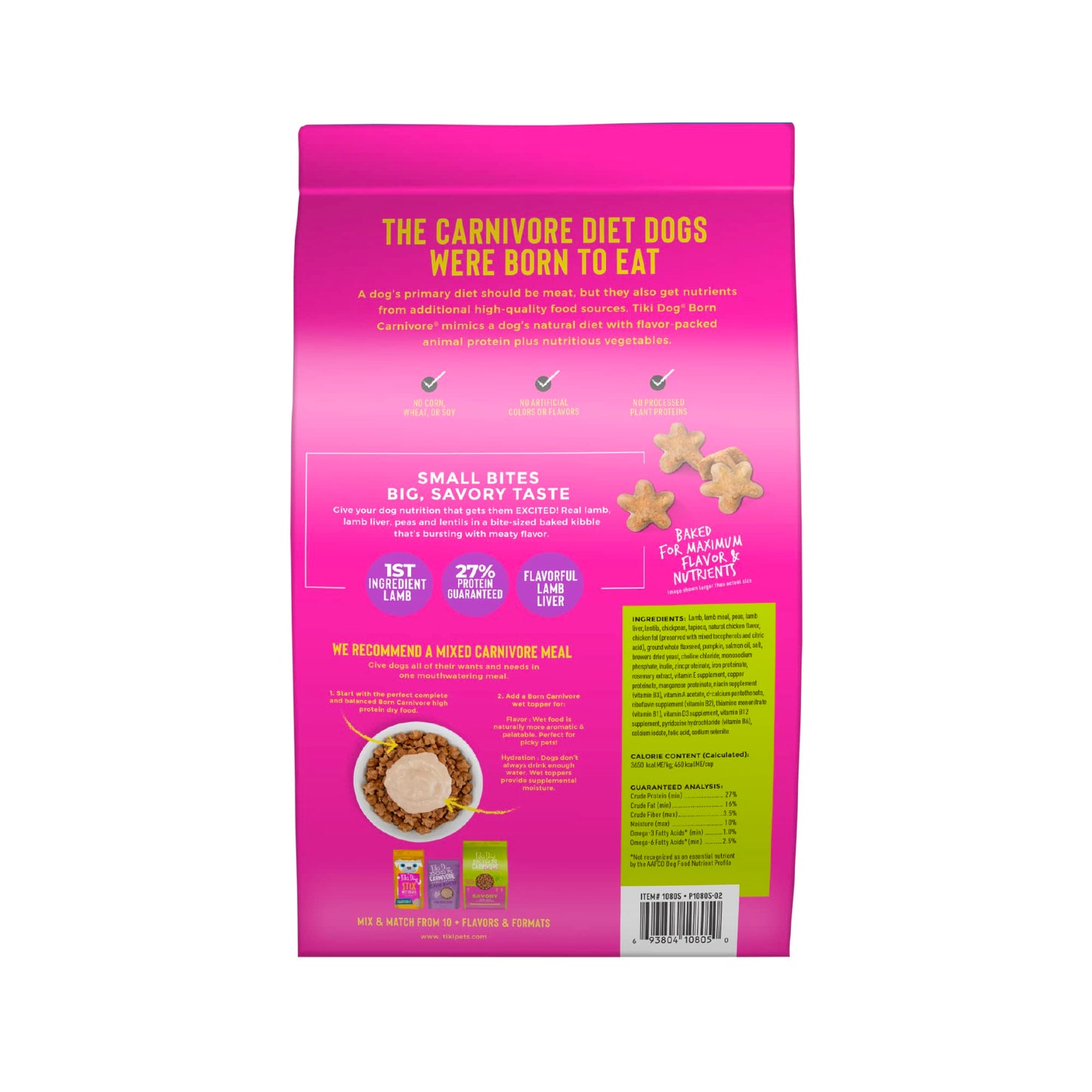 Tiki Dog Born Carnivore for Dogs, Savory Lamb, Peas & Lentils Recipe, Grain Free Baked Kibble for Maximum Nutrition, For Adult Dogs and All Size Breed Dogs, 3.5 lbs. Bag