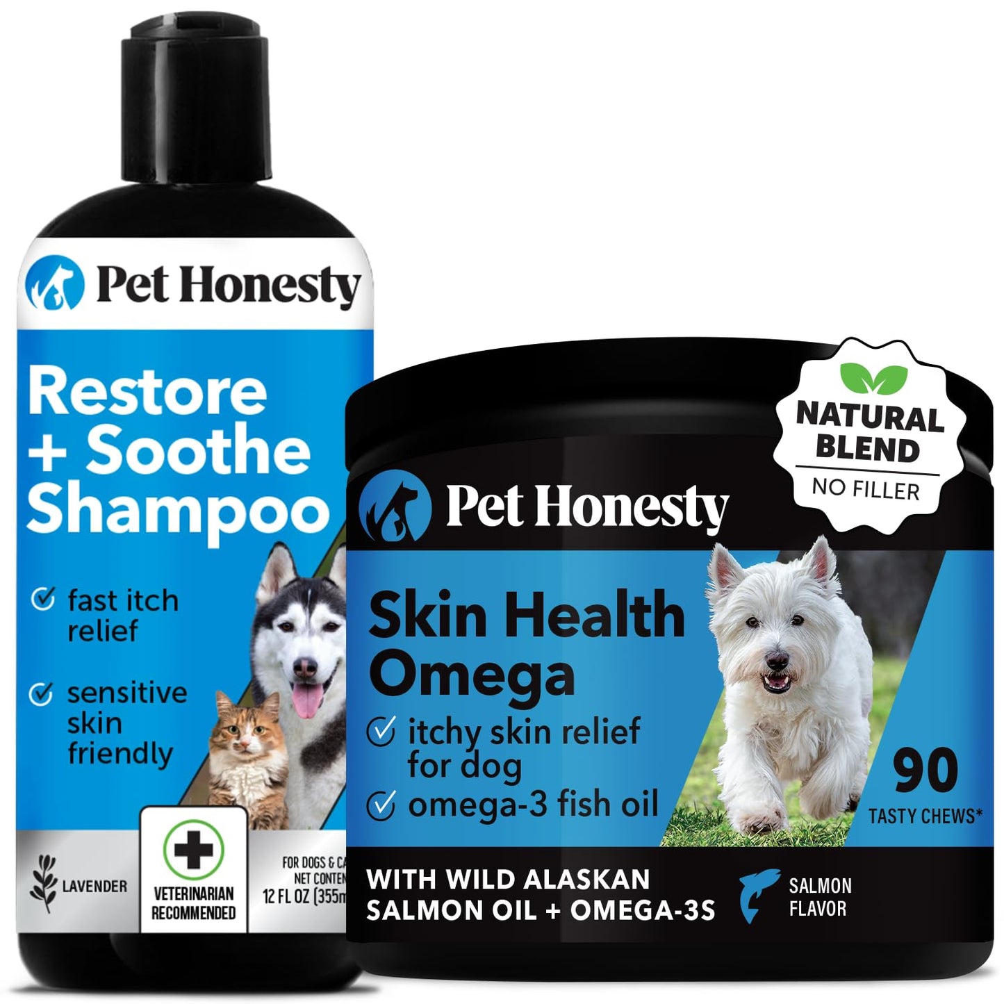 Restore + Soothe Shampoo for Sensitive Skin for Dogs & Cats (Lavender) 12oz + Omega SkinHealth Chews for Dogs with Omega 3 Fish Oil and Salmon Oil for Healthy Skin, Itchy Skin Relief (90 C