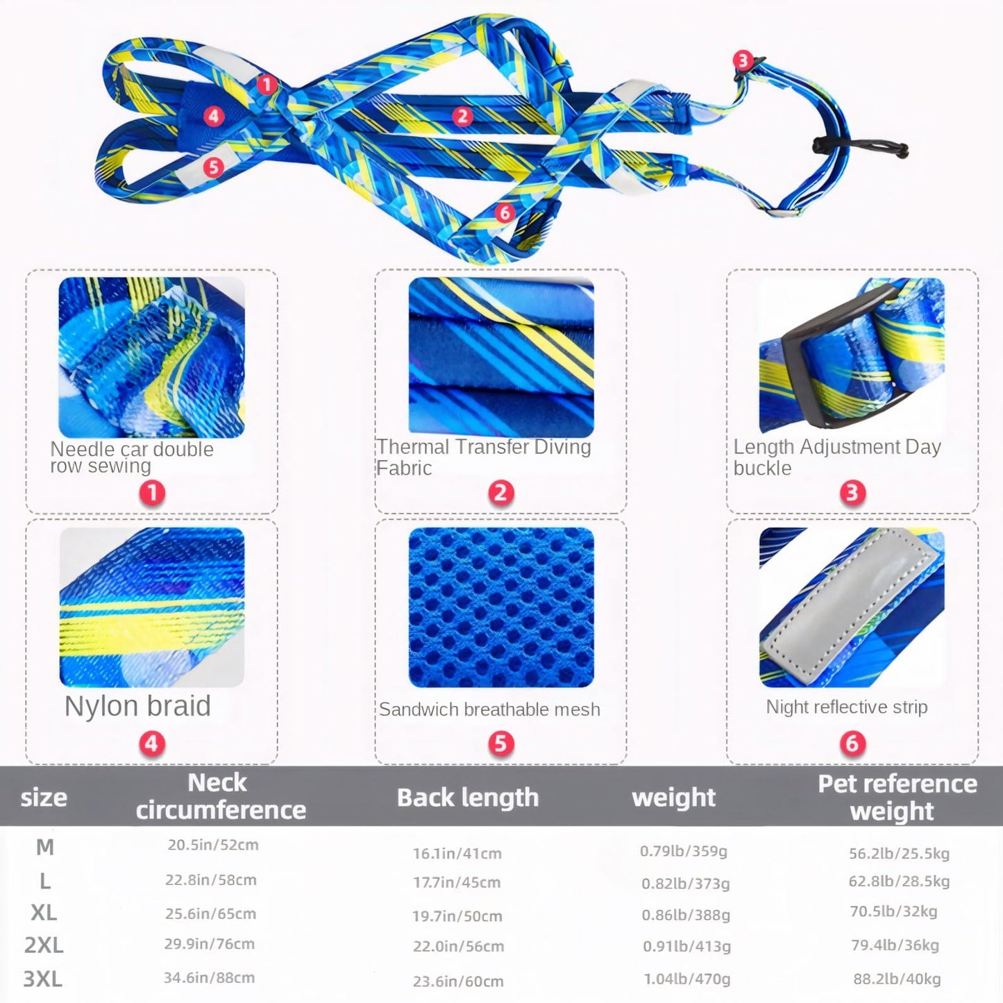 Sled Dog Chest and Back Harness, Suitable for Medium and Large Dogs, Husky Alaskan Snowboard Leash Traction Rope, Dog Weight Pulling Safety Belt (Blue, XL)