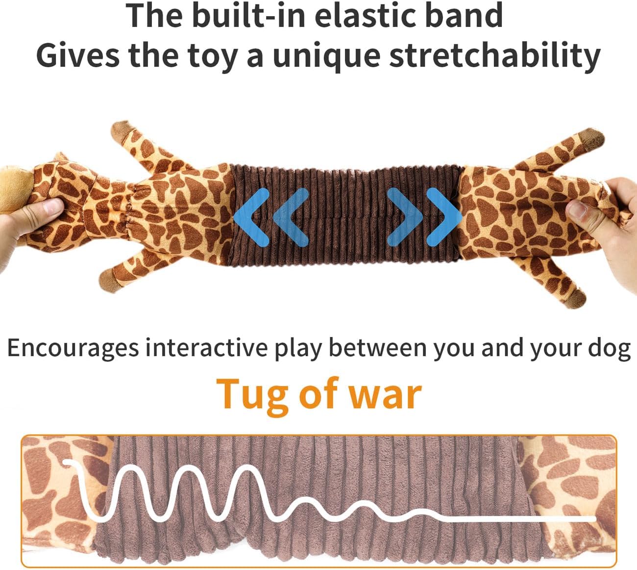 MEWMINGLE 3-in-1 Squeaky Dog Toy for Chewer (Squeaker, Crinkle Paper & Elastic Band), Durable Interactive Puppy Plush Stuffed Chew Toy for Boredom, Tug of-War, for Small Medium Large Breed (Giraffe)