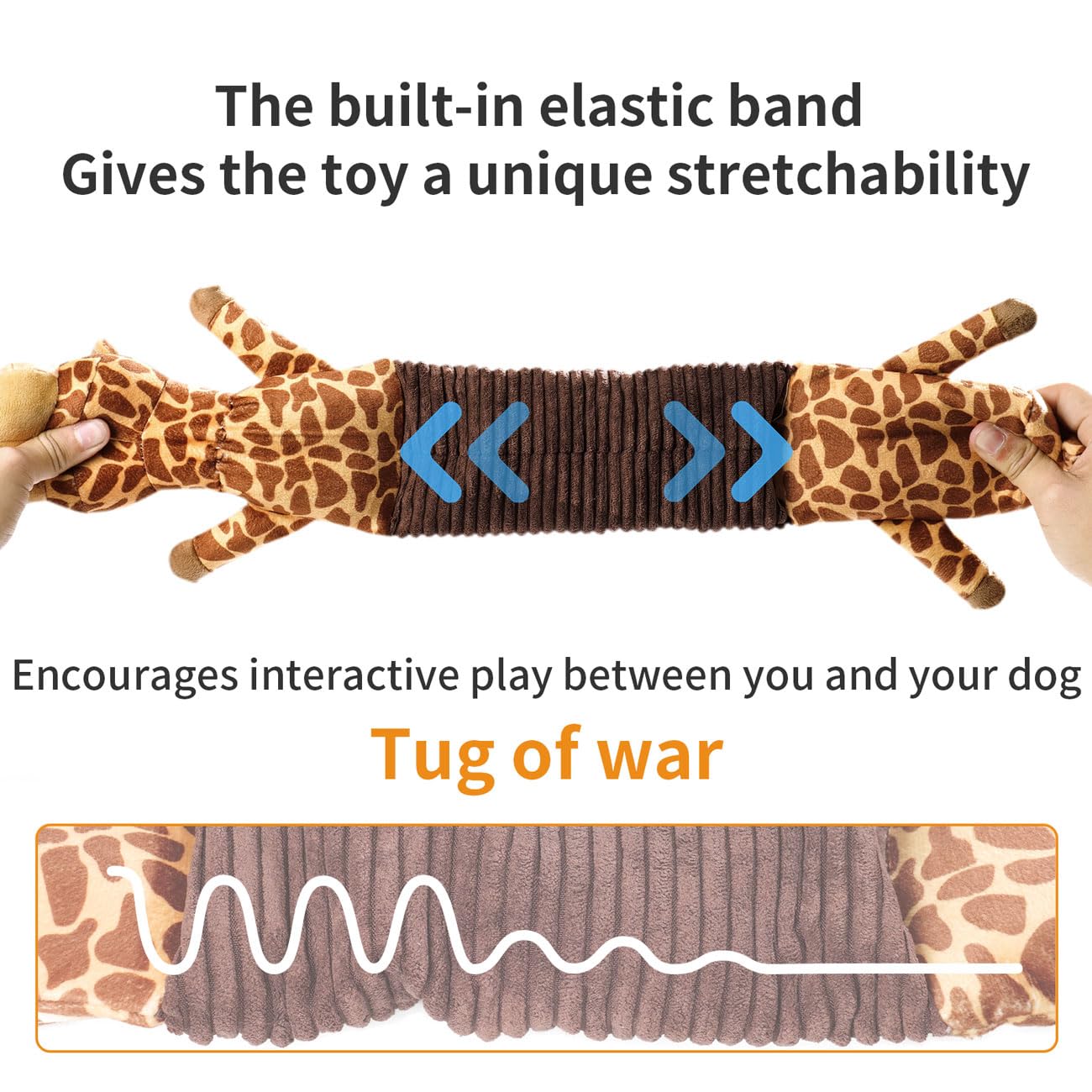 MEWMINGLE 3-in-1 Squeaky Dog Toy for Chewer (Squeaker, Crinkle Paper & Elastic Band), Durable Interactive Puppy Plush Stuffed Chew Toy for Boredom, Tug of-War, for Small Medium Large Breed (Giraffe)