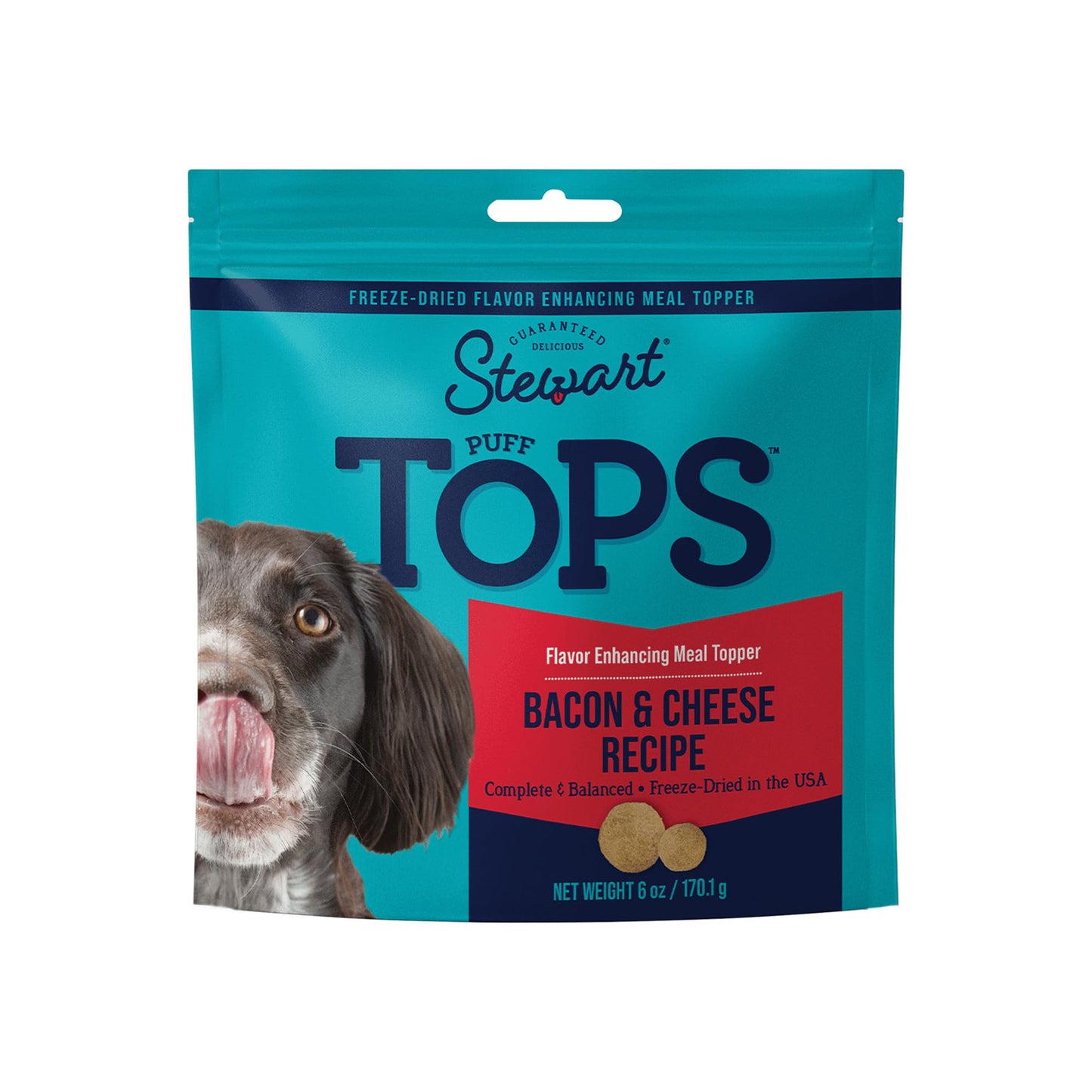 Stewart Freeze Dried Dog Food Topper, PuffTops, Bacon & Cheese, 6 Ounce Resealable Pouch, Flavor Enhancing Meal Topper or Dog Treat, Made in USA