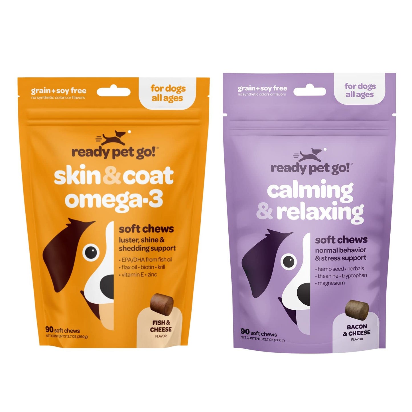 Ready Pet Go! Omega 3 + Calming Chews for Dogs | Helps with Dog Anxiety, Separation & Barking | Fish Oil for Dog Shedding, Skin Allergy, Itch Relief | 90 Chews Each