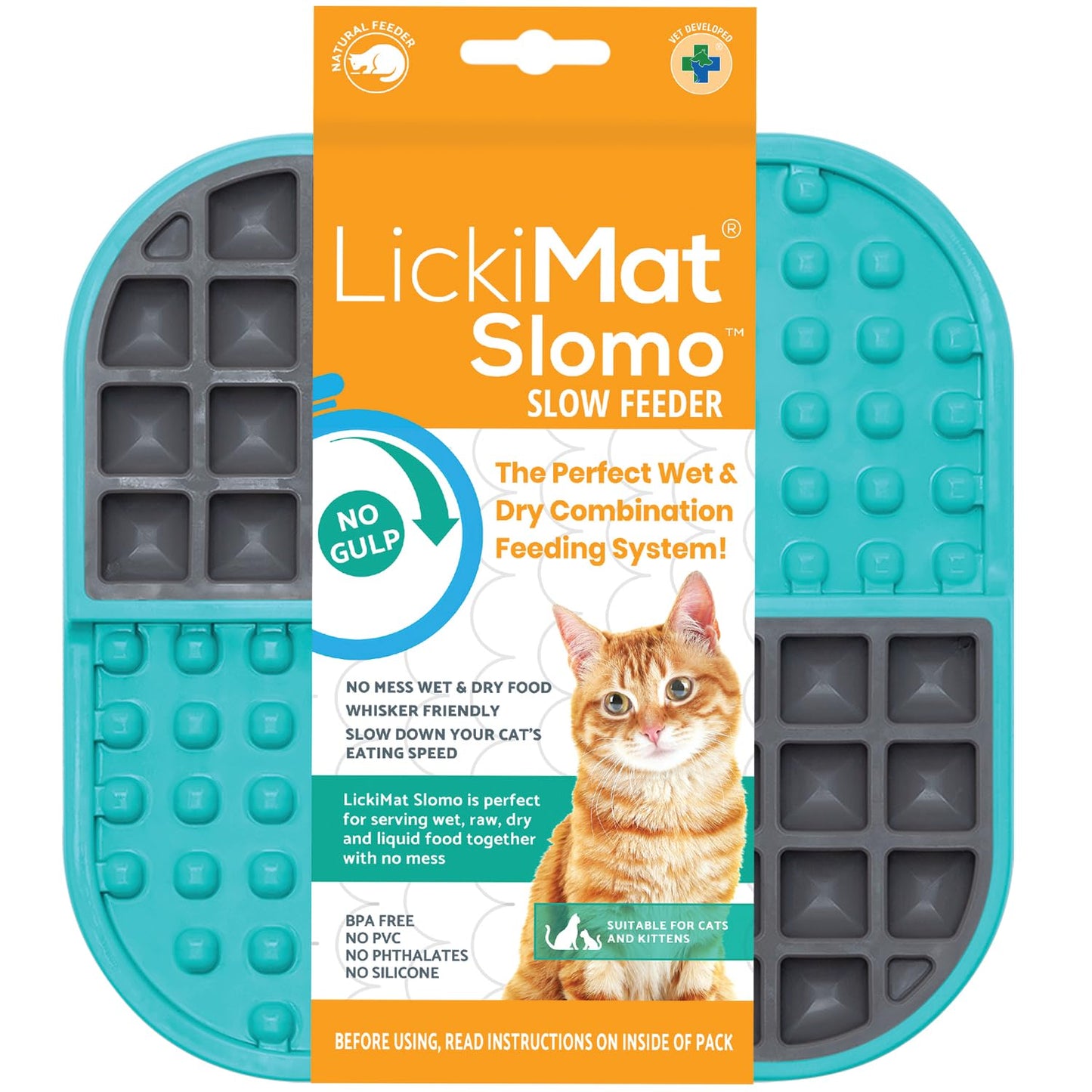 LickiMat Slomo, Cat Slow Feeder Lick Mat, Boredom Anxiety Reducer; Perfect for Food, Treats, Yogurt, or Peanut Butter. Fun Alternative to a Slow Feed Cat Bowl or Dish, Turquoise