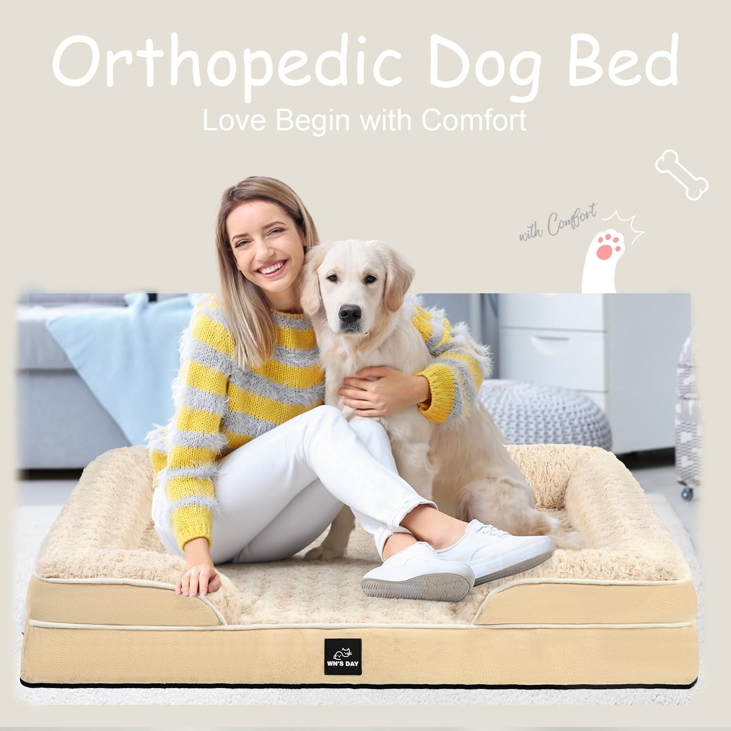 Orthopedic Dog Bed for Large Medium Sized, Washable Memory Foam Large Dog Bed, Medium Pet Sofa with Removable Cover, Washable Waterproof Pet Couch Beds(Beige, L)