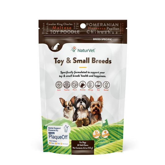 NaturVet Small Breeds Supplement- for Joint Support, Digestion, Skin, Coat Care- Dog Multivitamins with Minerals, Omega-3, PlaqueOff- Wheat-Free Vitamins for Dogs- Toy and Small Breeds- 60 Soft Chews
