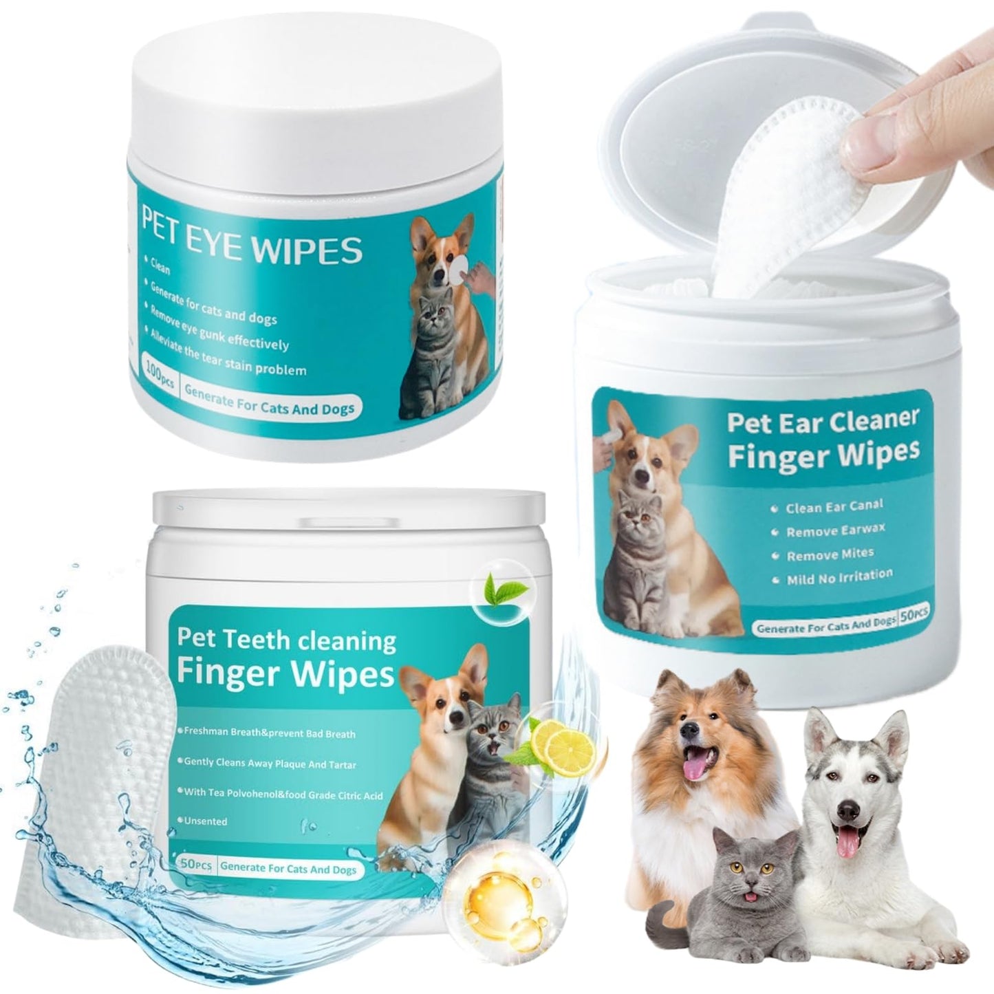 Pet Cleaning Wipes Kit For Dogs&Cats,includes Ear Finger Wipes,Teeth Finger Wipes and Eyes Wipes,Gently Clean Dogs&Cats Ear Wax,Remove Plaque&Tartar Buildup and Reduce Tear Stains,Non-Irritatingogs