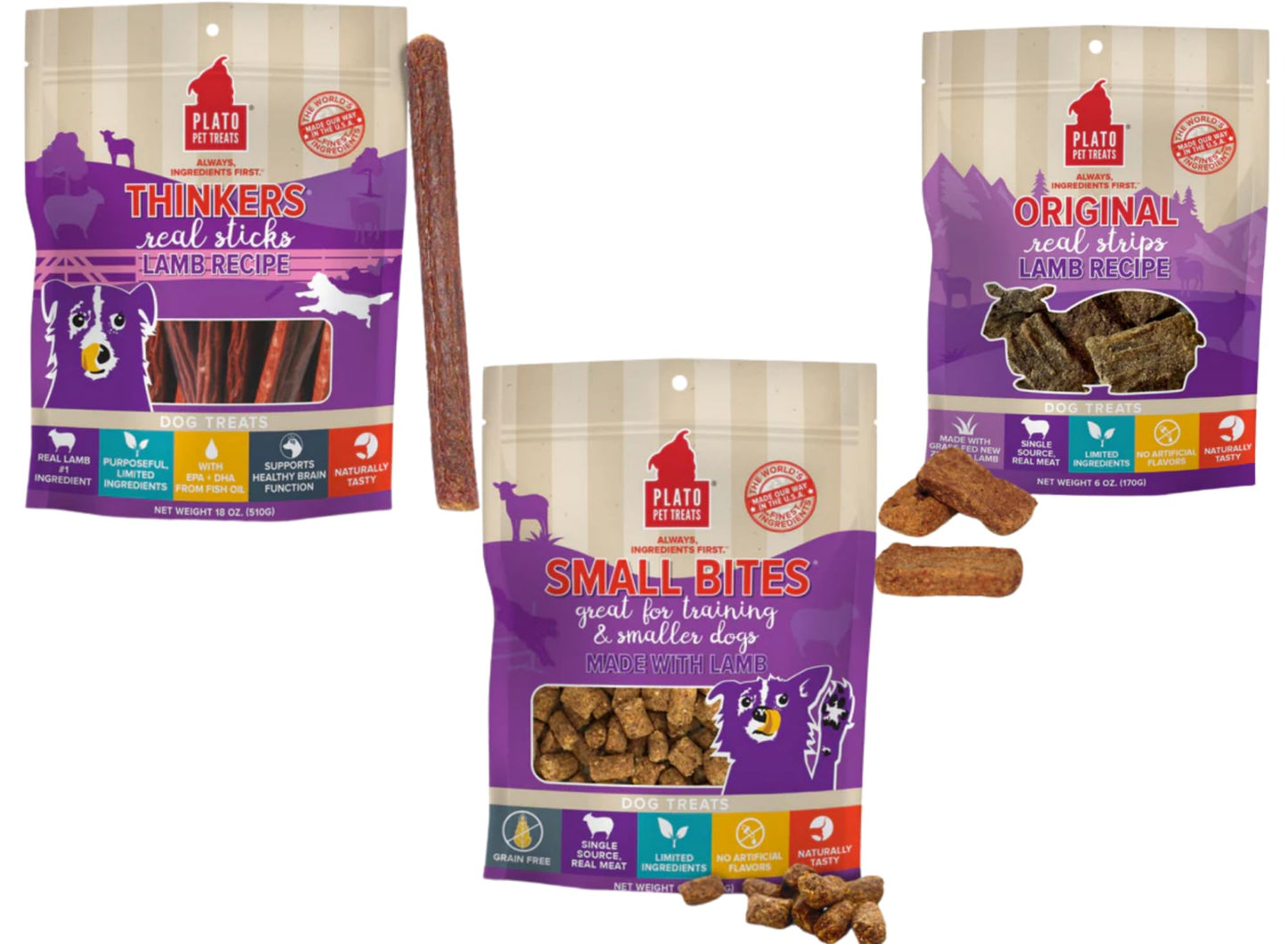 PLATO Lamb Dog Treat Variety Pack – 3 Count (Small Bites 2.5oz, Real Strips 6oz, Mini Thinkers 3oz) – Soft, Air-Dried, Grain-Free Training & Snack Treats