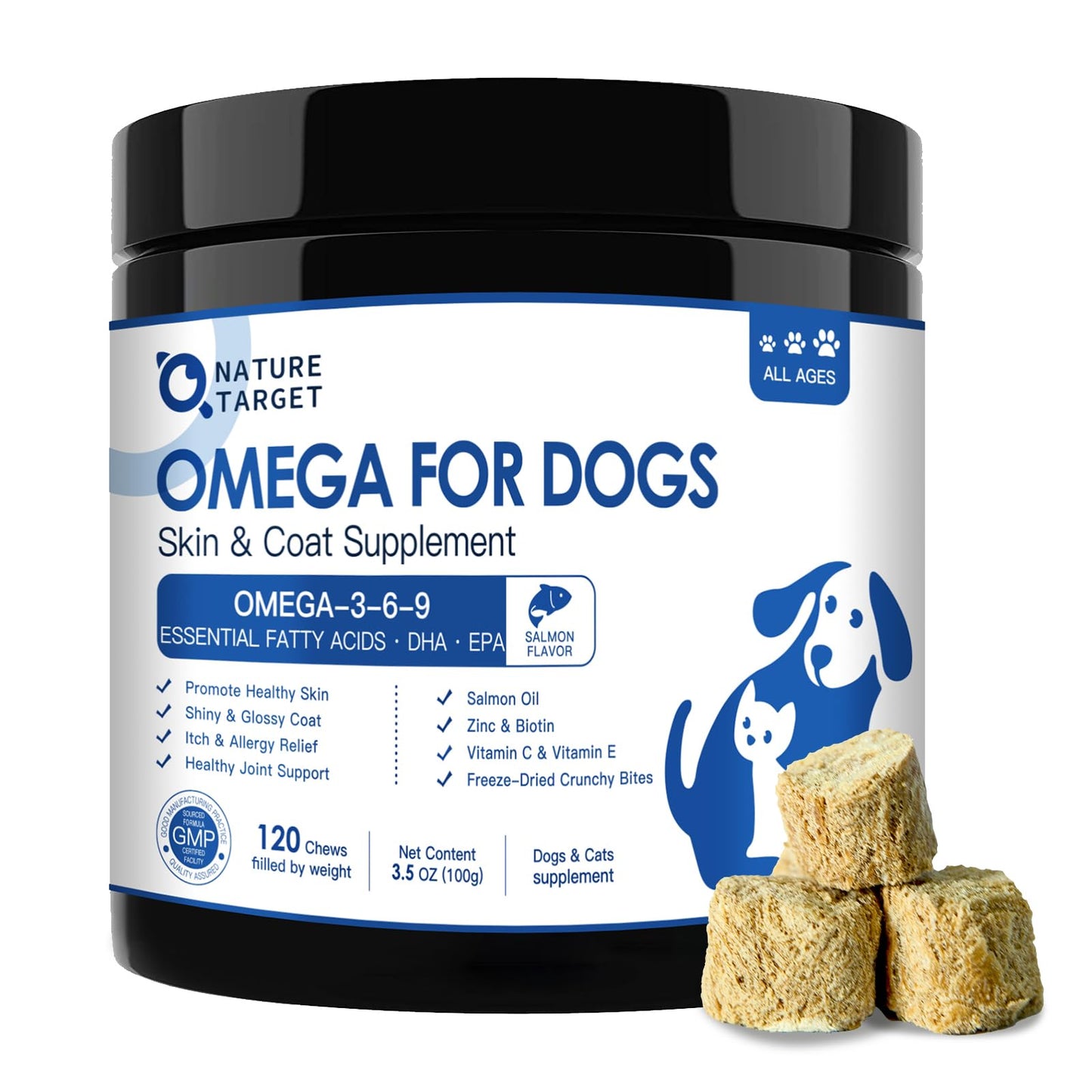 NATURE TARGET Omega 3 Fish Oil for Dogs, Salmon Oil for Skin & Coat Supplement with EPA & DHA Fatty Acids - Dog Itch & Allergy Relief, Anti Shedding, Hot Spots Treatment - Hip & Joint Support - 120ct