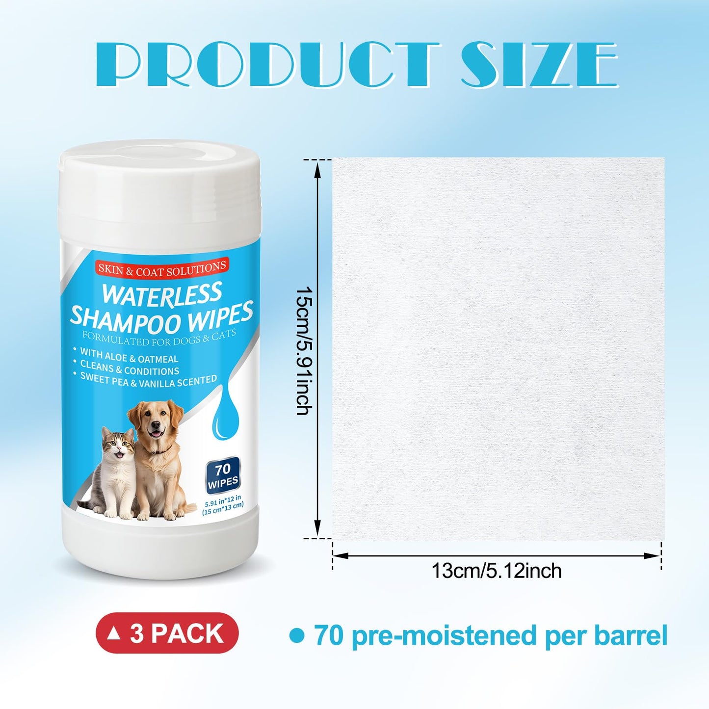 Threlaco 3 Pcs 210 Count Waterless Shampoo Wipes for Dogs Cats 5.91 x 5.12 Inches Dry Pet Bath Cleaning Wipes Safe Disposable for Puppy Cat Cleaning Fur, Deodorizing, Grooming, Sweet Pea Vanilla