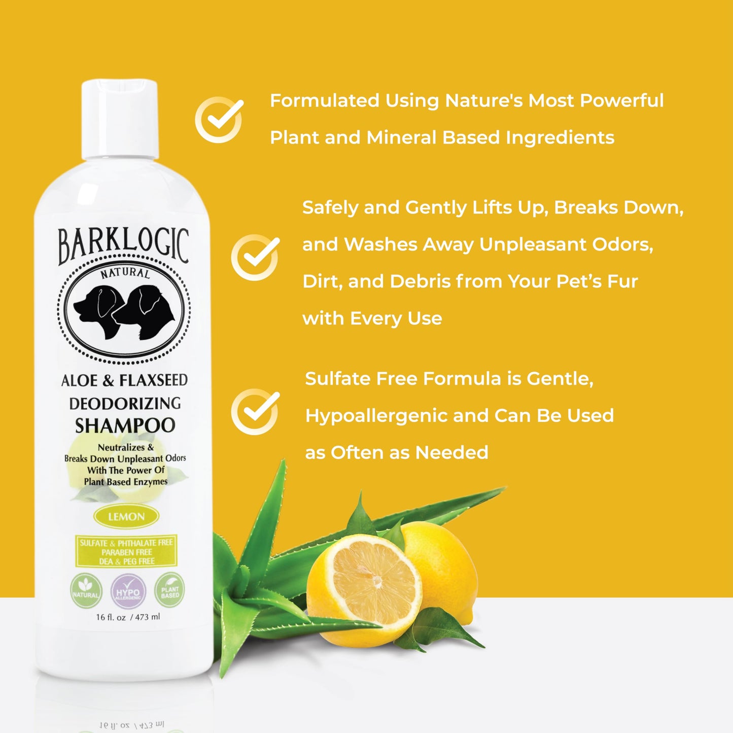 BarkLogic Deodorizing Lemon Dog Shampoo - Sulfate Free, No Phthalates, No Parabens, No PEG's, Made with Naturally Derived Ingredients