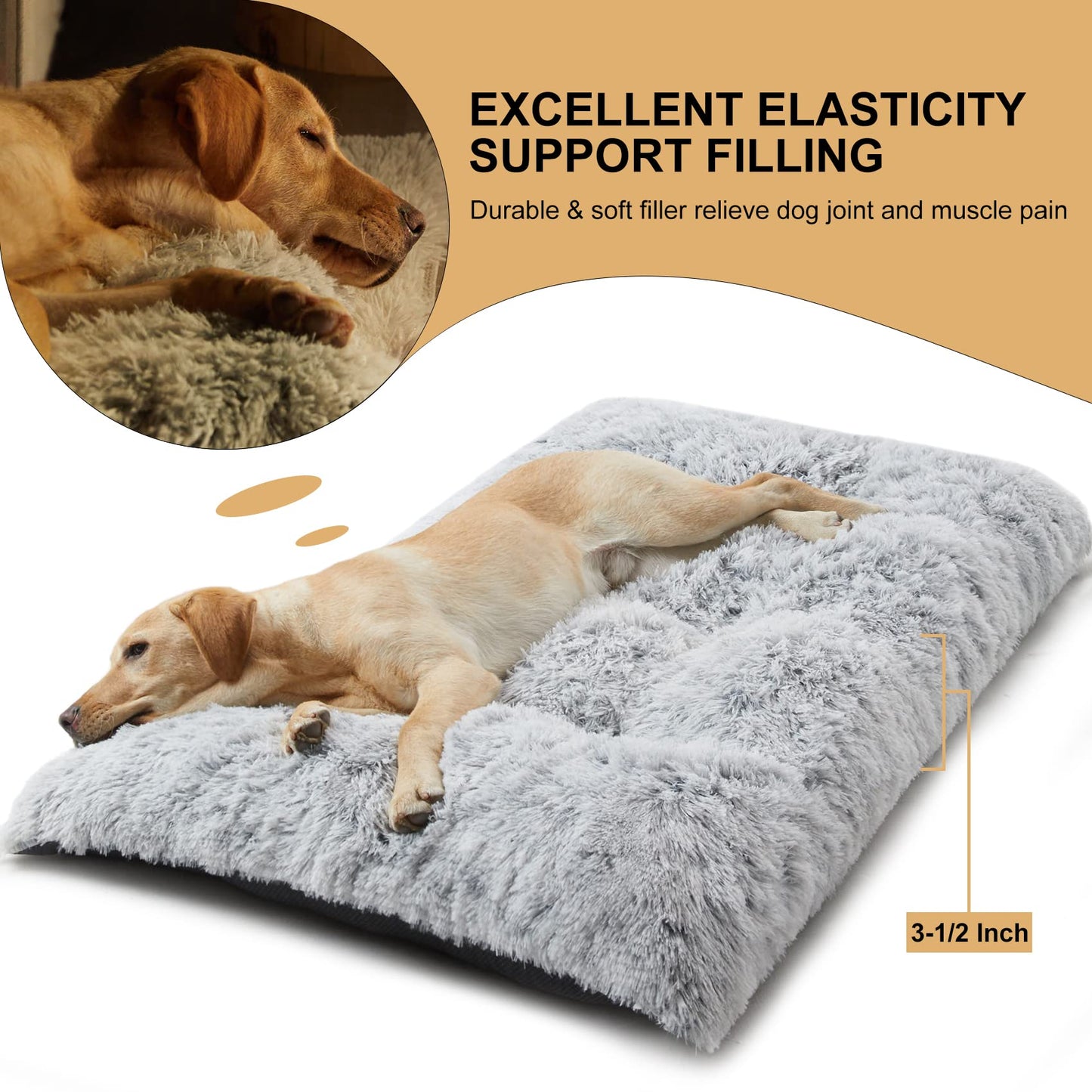 BFPETHOME Dog Beds for Large Dogs, Plush Dog Crate Bed Fluffy Cozy Kennel Pad for Sleeping &Ease Anxiety, Washable Pet Mats with Anti-Slip Bottom for Large Dogs, Grey