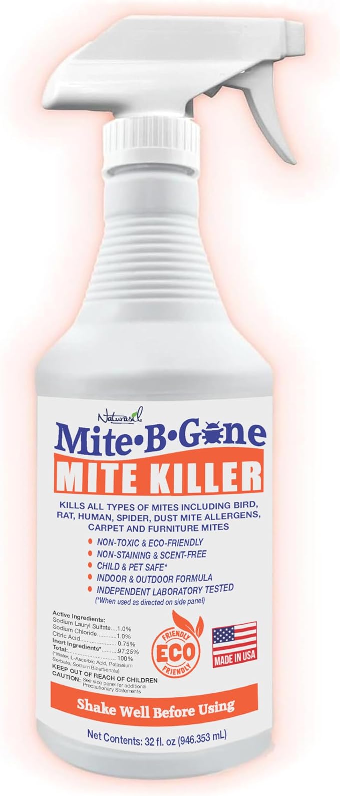 Mite Killer Spray by Mite-B-Gone Treatment — Kills Human Mites, Dust, Spider, Rat, Carpet & Bird Mites in Homes, Furniture, Bedding, Auto & On Animals | Non-Toxic | Kid & Pet Safe | 32oz Spray