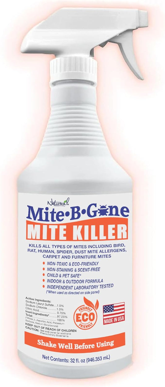 Mite Killer Spray by Mite-B-Gone Treatment — Kills Human Mites, Dust, Spider, Rat, Carpet & Bird Mites in Homes, Furniture, Bedding, Auto & On Animals | Non-Toxic | Kid & Pet Safe | 32oz Spray