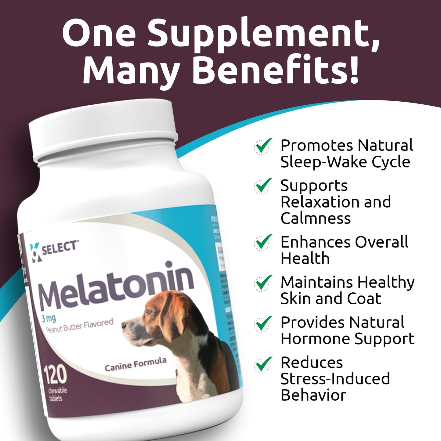 K9 Select Melatonin for Dogs - Calming Aid - Adrenal Support Sleep Aid - Reduce Stress, Pet Melatonin Treats for Medium Sized - 3 mg, 120 Peanut Butter Flavored Tablets