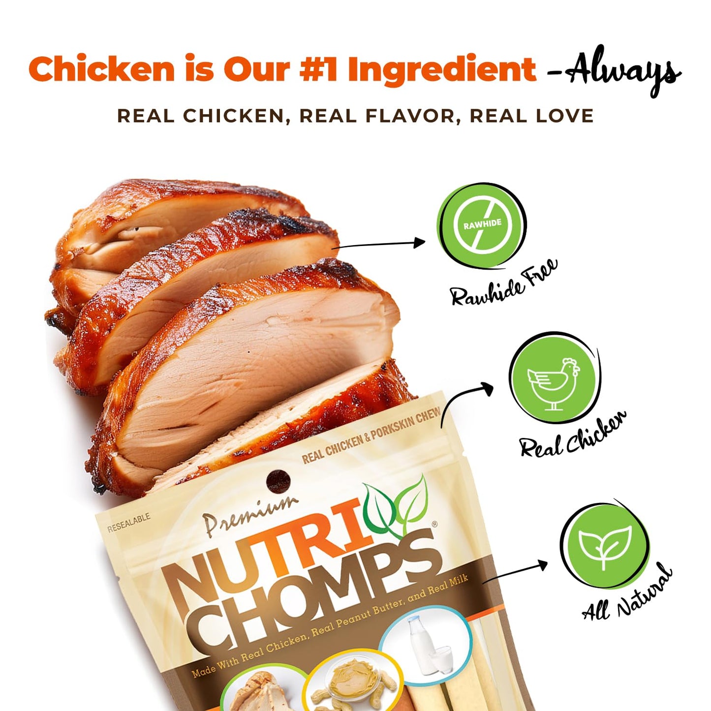 Nutri Chomps Dog Chews, 5-inch Twists, Easy to Digest, Rawhide-Free Dog Treats, 15 Count, Real Chicken, Peanut Butter and Milk flavors