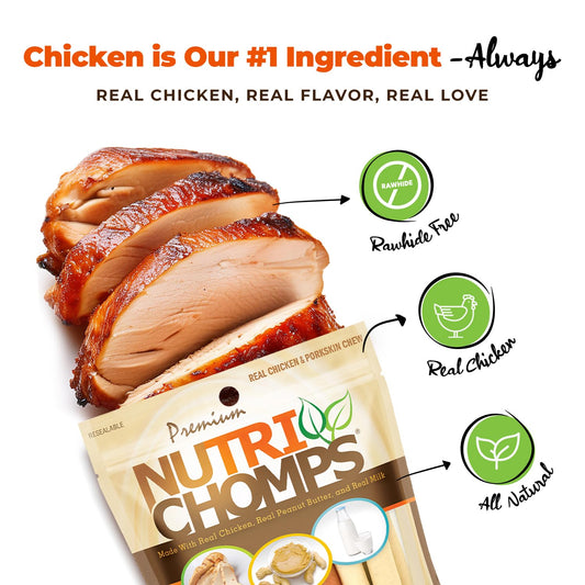 Nutri Chomps Dog Chews, 5-inch Twists, Easy to Digest, Rawhide-Free Dog Treats, 15 Count, Real Chicken, Peanut Butter and Milk flavors