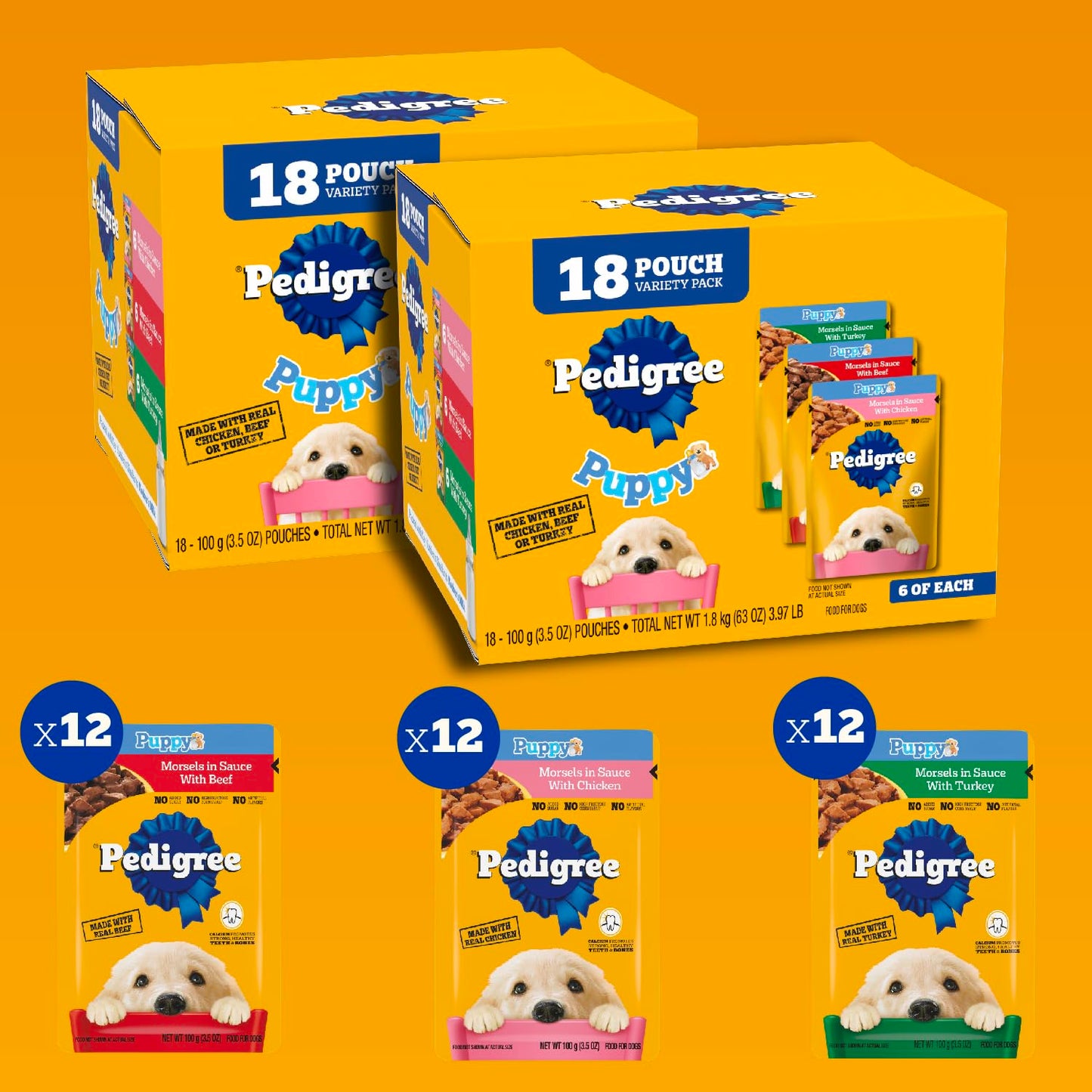 Pedigree Puppy Soft Wet Dog Food Variety Pack, 3.5 oz Pouches, 18 Count (Pack of 2)