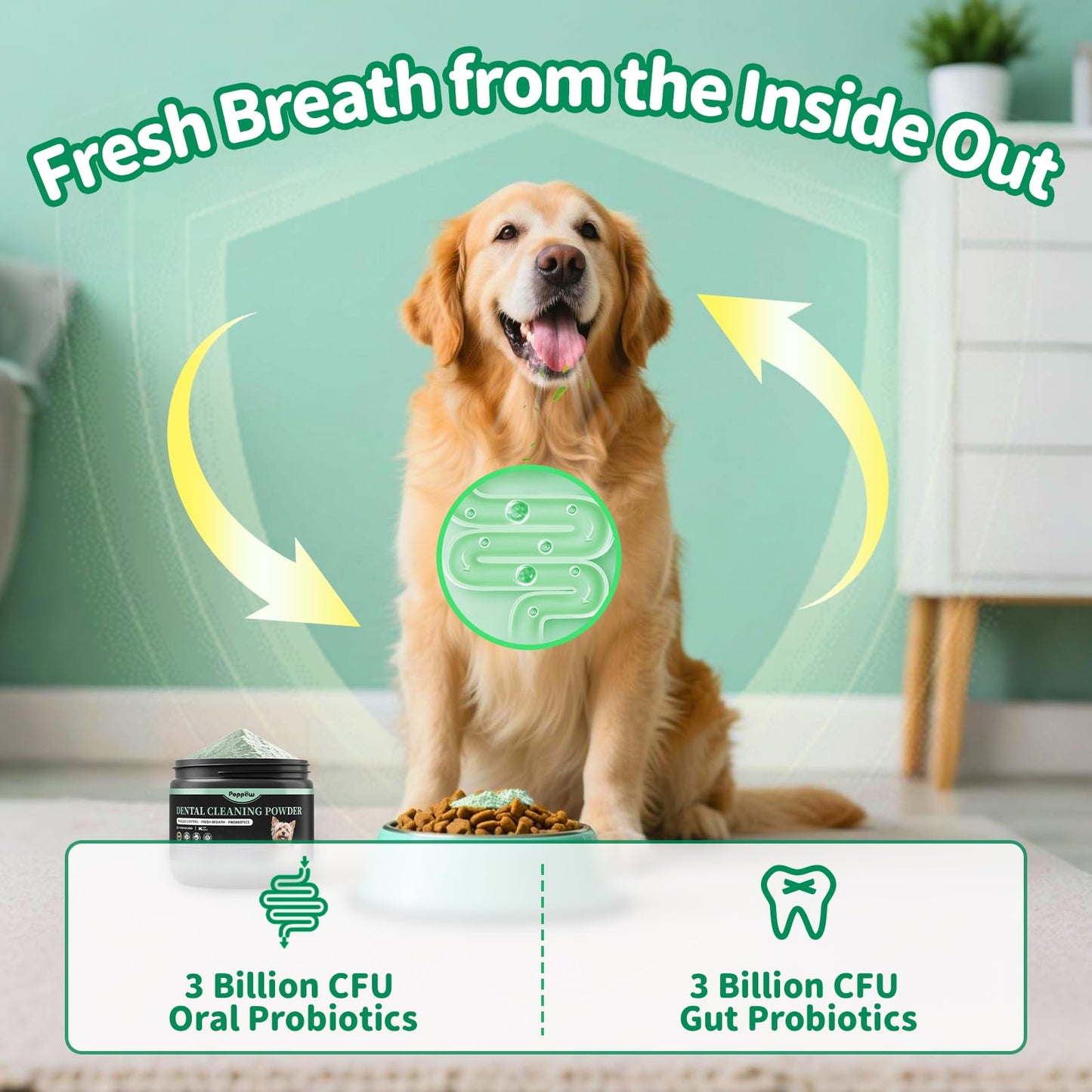 POPPAW Dog Dental Powder – Teeth Cleaning Powder with 6B CFU Probiotics, Enzymes & Antioxidants, Plaque & Tartar Off, Fresh Breath Support, No Brushing Oral Care, Mint Chicken Flavor, 75 Servings