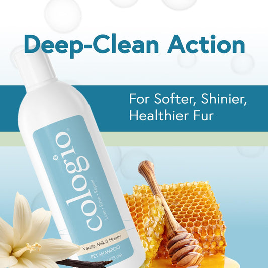 Cologio Moisturizing Dog Shampoo, Deodorizing Manuka Honey Vanilla Scented Pet Shampoo for Dogs, Made in USA Itchy Dry Skin Itch Relief Puppy Bath Soap for Sensitive Skin – Gentle, Cruelty-Free 16oz
