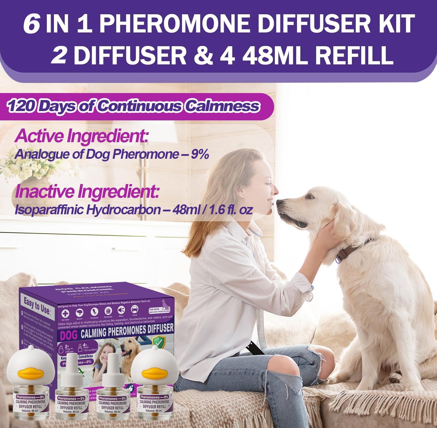 Dog Calming Pheromones Diffuser 6 in 1 Kit Appeasing Pheromone Diffuser to Calm (2 Plug in+4 Pack 48ml Refill) for Anxiety Relief Reduce Aggression Fighting Barking Stress 120 Day Supply (Purple)