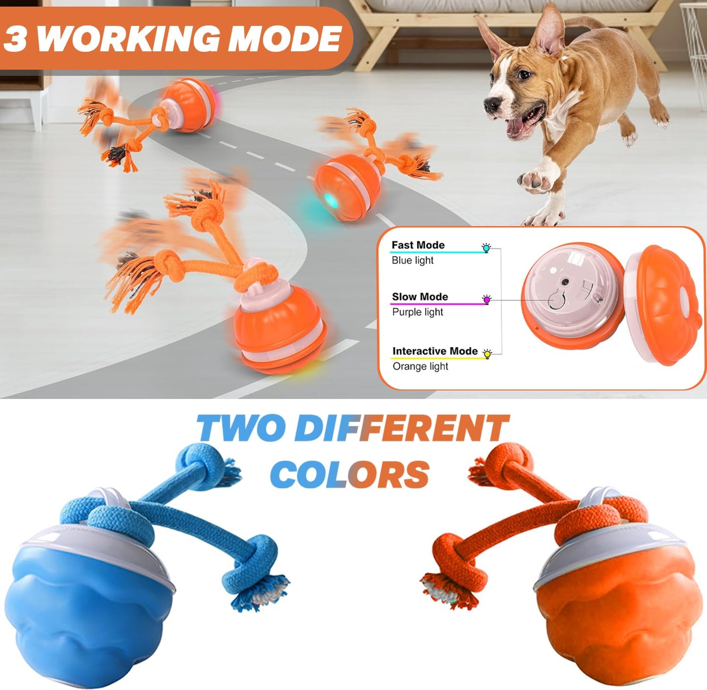 Interactive Dog Toy, Motion-Activated & Automatic Rolling, USB Rechargeable Smart Dog Ball with Teaser Rope & Squeaky Sound for Small & Medium Dogs, Puppy Stimulation Toy – Orange & Blue (Orange)