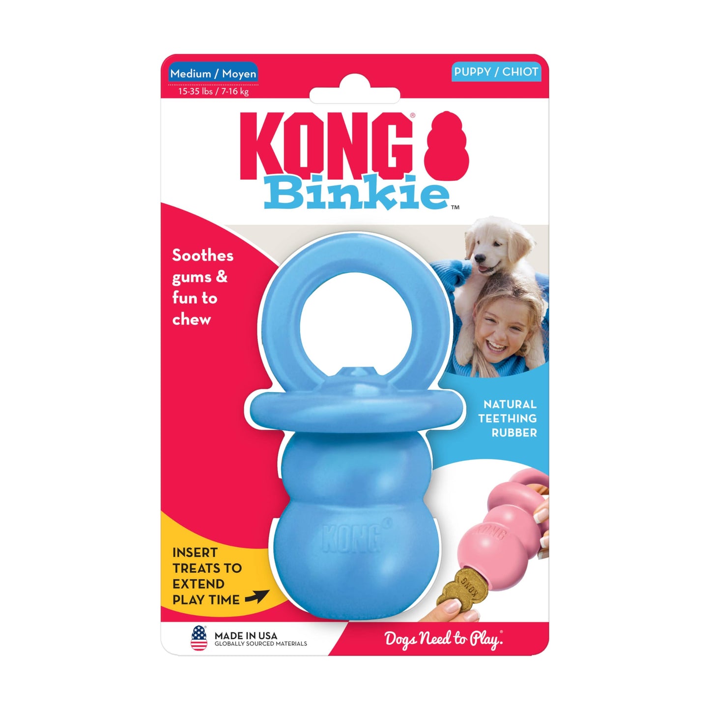 KONG Puppy Binkie - Pacifier Dog Toy for Puppies - Stuffable Treat Chew Toy for Treats - Durable Natural Rubber for Teething Puppy - for Medium Puppies - Blue