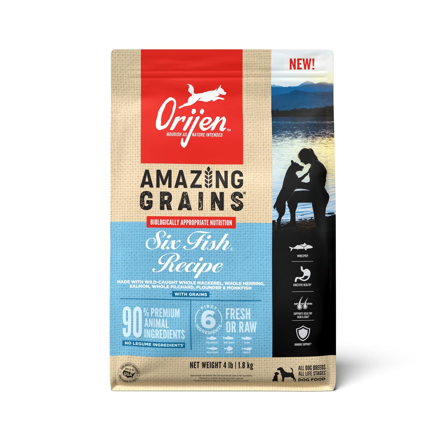 ORIJEN Amazing Grains High Protein Dry Dog Food Six Fish Recipe 4lb Bag