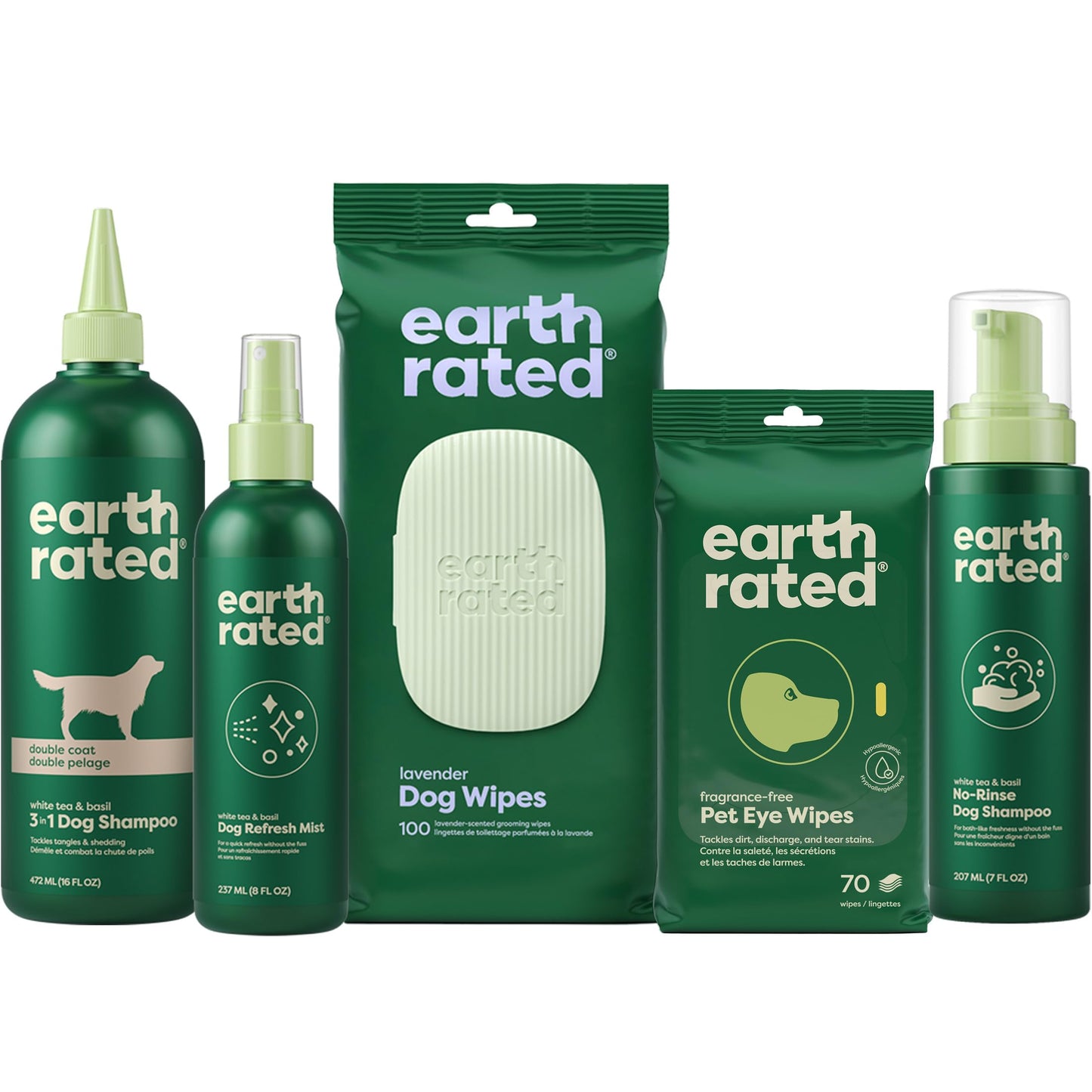 Earth Rated Double Coat Essentials - Dog Shampoo, Grooming Wipes, Refresh Mist, Eye Wipes & No-Rinse Shampoo