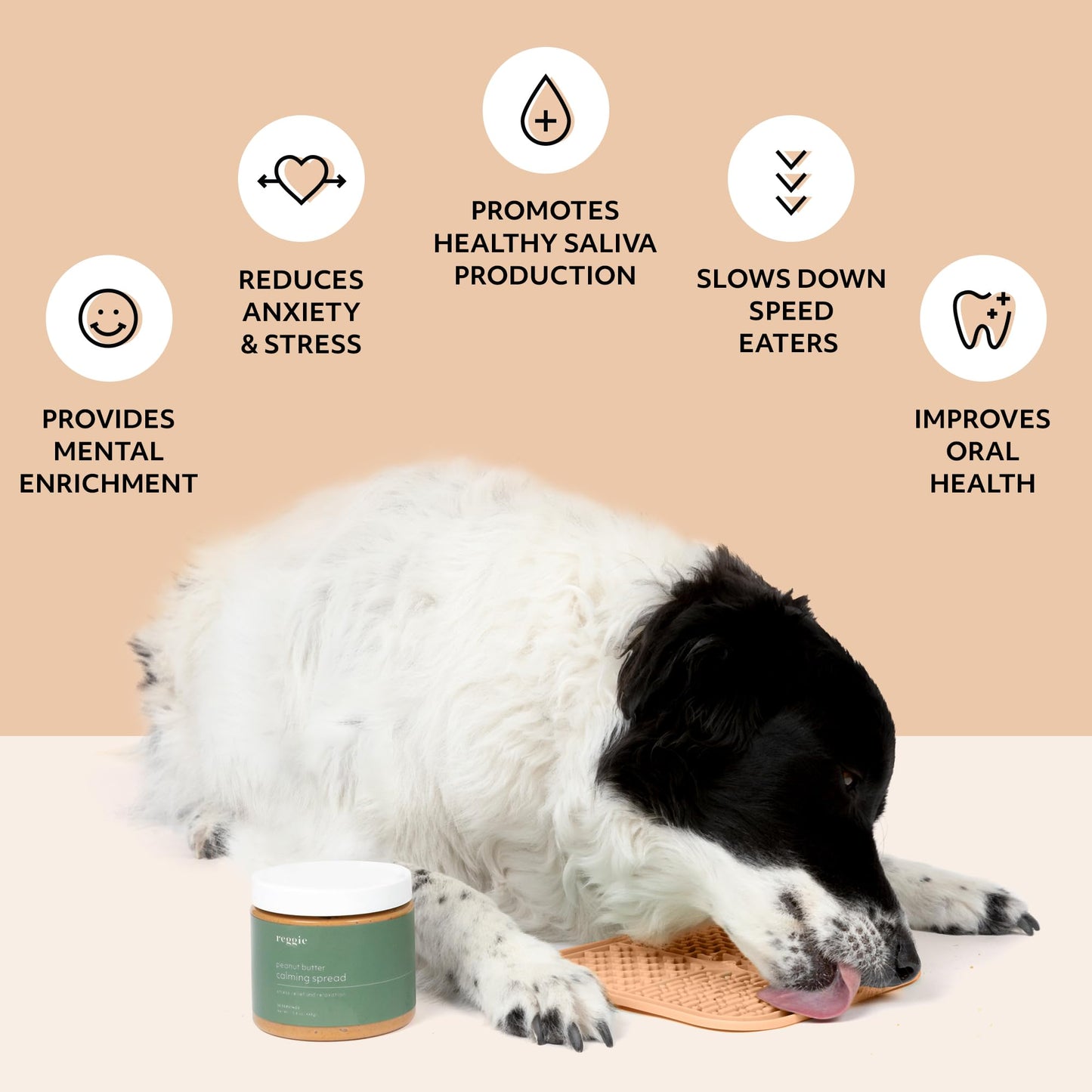 Reggie Calming Spread for Dogs with L-Theanine & Melatonin + Light Peach Lick Mat | Natural Peanut Butter Dog Anxiety Relief Bundle for Separation Anxiety, Thunderstorms, Travel & Stress | 30 Servings