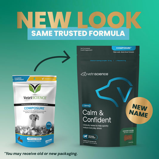 VetriScience Calm & Confident Chews, Composure Clinically Tested Calming Supplement for Dogs, Reduce Stress & Fear, Ideal for Thunderstorms, Fireworks & Travel, Chicken, 120 Count - New Look