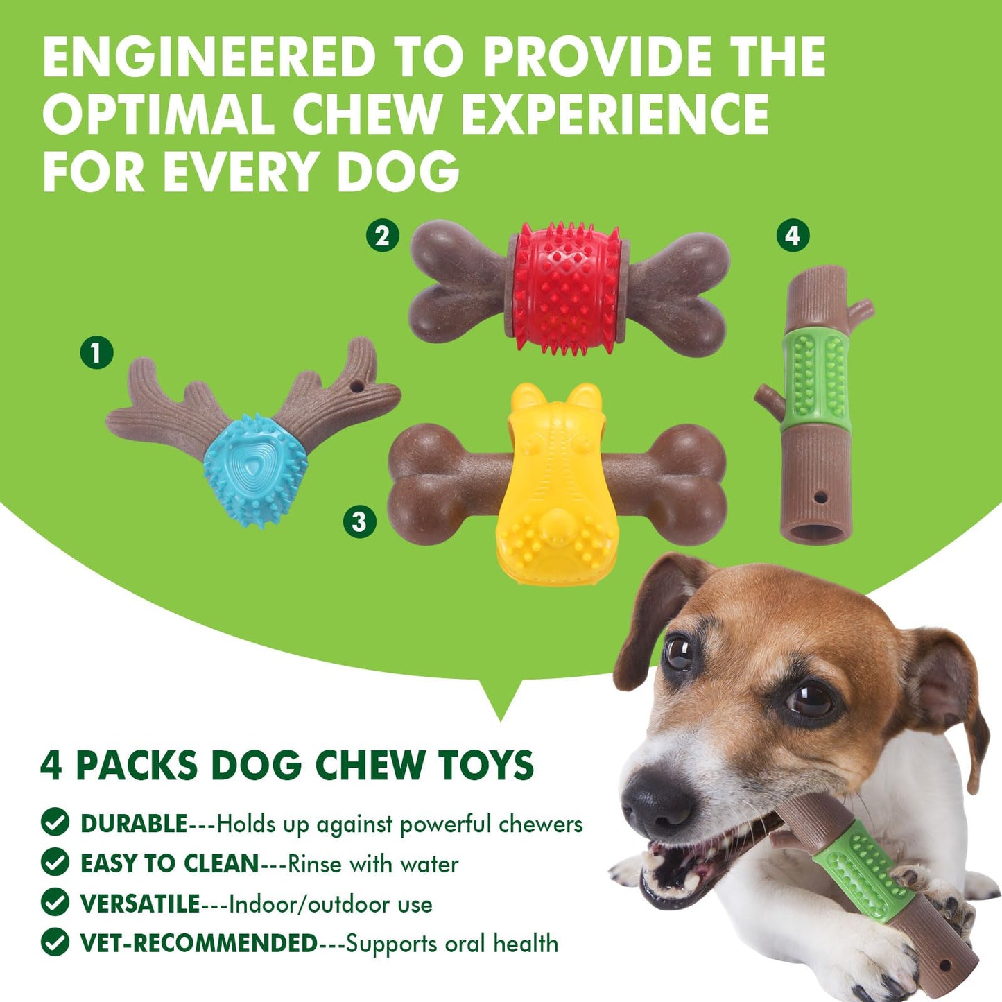 Durable Dog Chew Toys for Large Dogs - Tough Bone-Shaped Dental Chew with TPR Rubber & Wood Fiber, Teething & Aggressive Chewer Toys for Medium/Large Breed, Long-Lasting Teeth Cleaning (4 Pack Set)