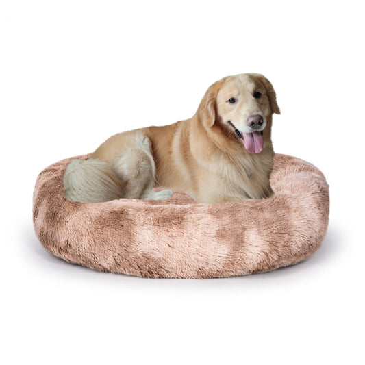 Coohom Oval Calming Donut Cuddler Dog Bed,Shag Faux Fur Cat Bed Washable Round Pillow Pet Bed(30"/36") for Small Medium Dogs (XXL(43"x34"x8"), Beige2021)