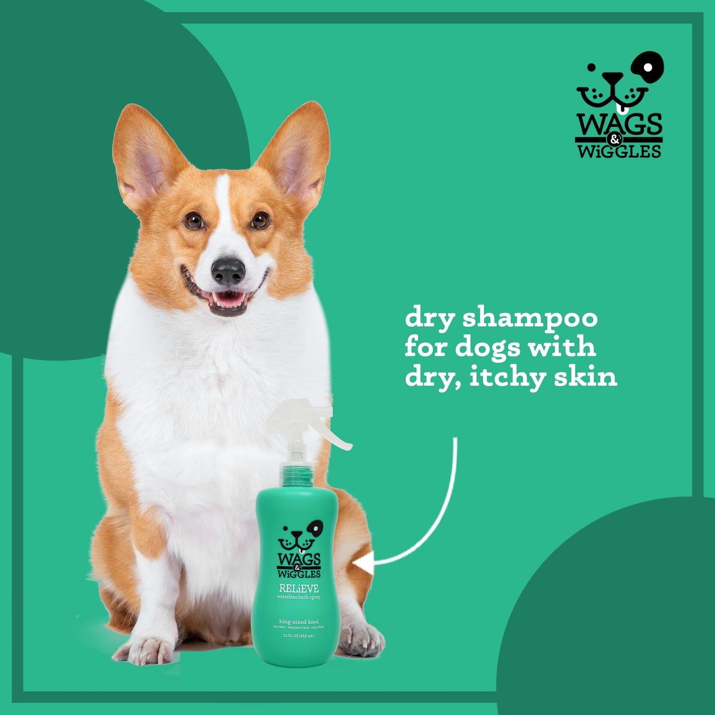 Wags & Wiggles Relieve Dog Anti-Itch Spray, Kiwi Scent - Waterless Dry Shampoo for Dogs With Dry, Itchy, Or Sensitive Skin - Fruity Scent Your Dog Will Love, 12 Fl Oz