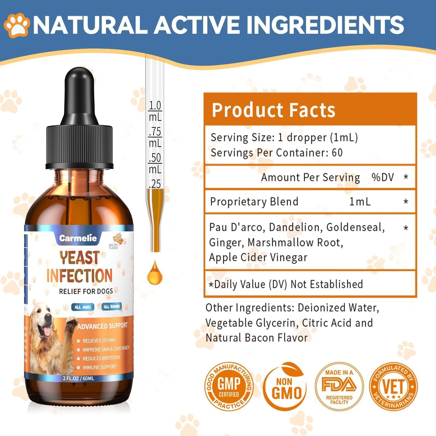 Natural Yeast Relief for Dogs, Supports Healthy Itch Relief, Dog Ear Discomfort Care, Itch Relief for Dog, Allergy Supports, Inflammation Relief for Dogs, 60ml