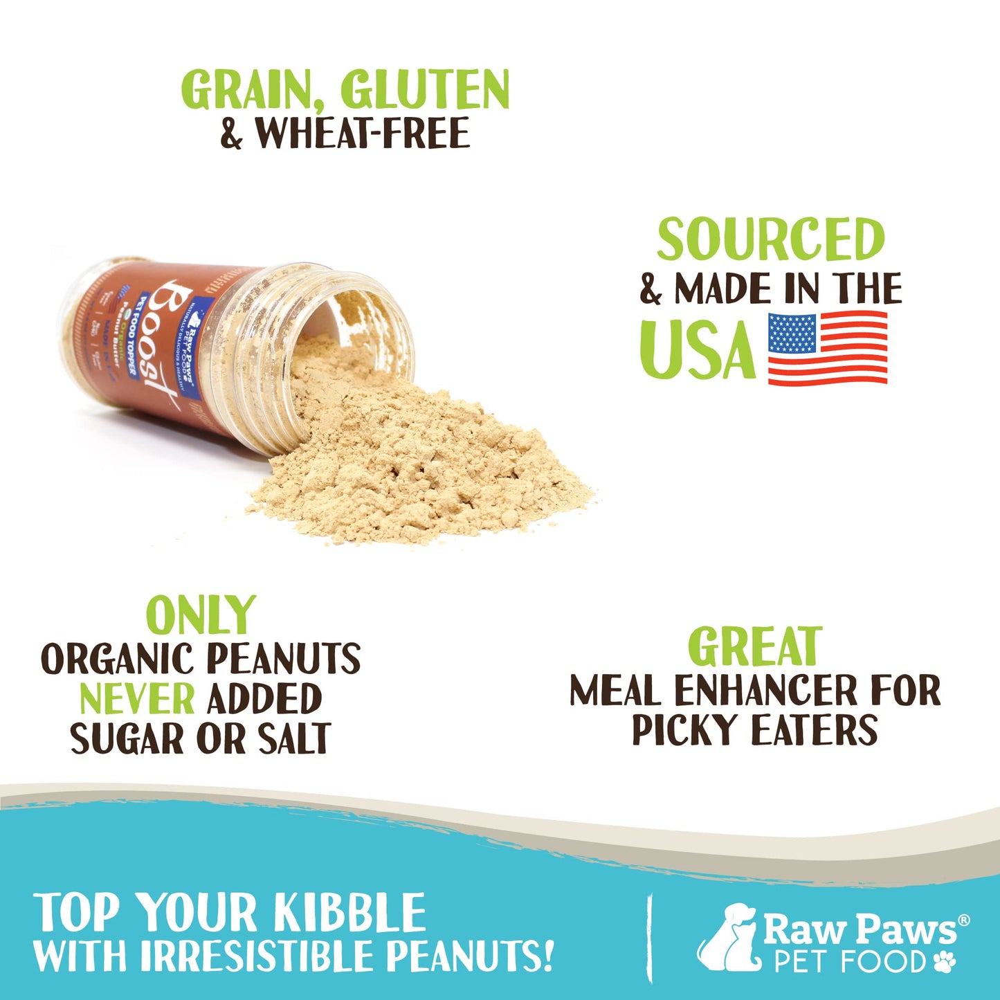 Raw Paws Boost Pet Food Topper Organic Peanut Powder, 2.8-oz - Made in USA - Dog Food Topper, Peanut Butter Treats Meal Toppers for Dogs, Flavor Food Toppers for Picky Dogs, Food Sprinkles