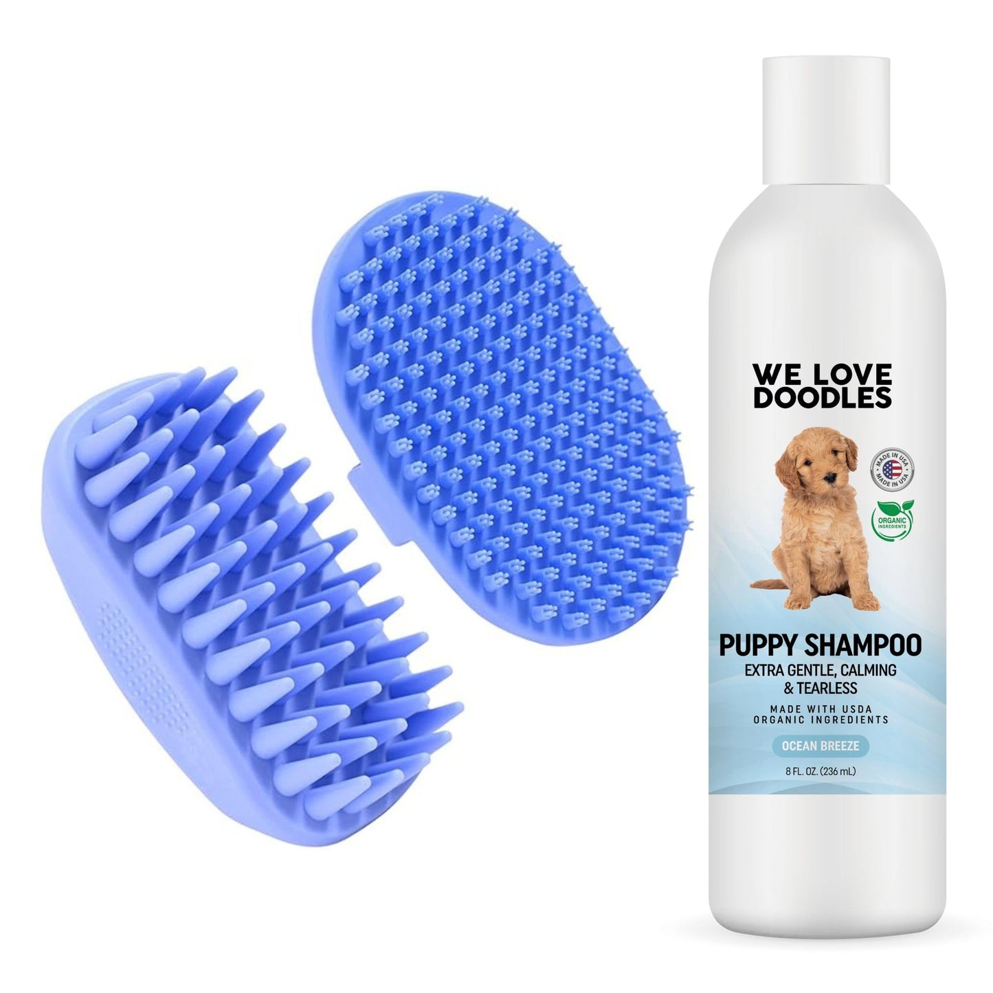 We Love Doodles Puppy Shampoo & Conditioner and Bath Brush | Organic Ingredients | Sensitive & Itchy Skin Wash | Puppy Grooming Accessories for Shower Scrubbing & Soothing Massage | Made in USA