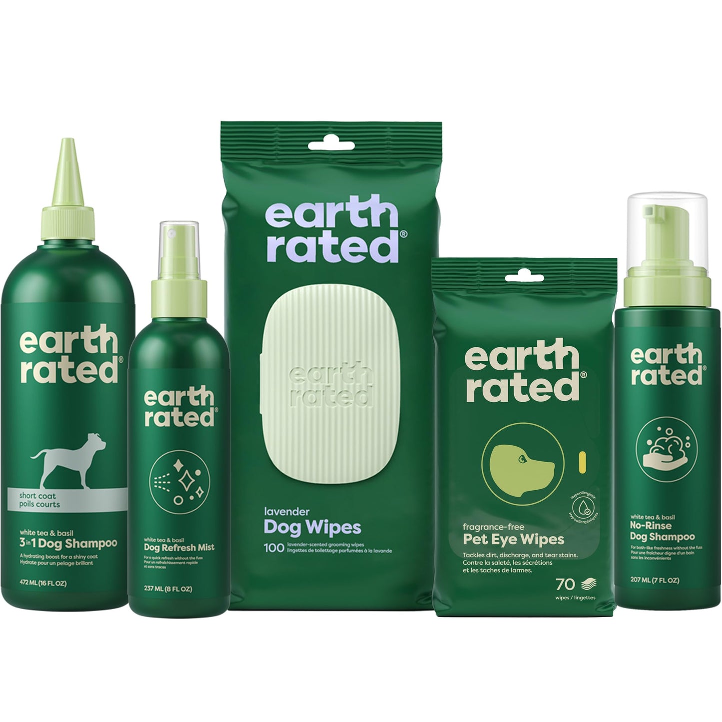 Earth Rated Short Coat Essentials - Dog Shampoo, Grooming Wipes, Refresh Mist, Eye Wipes & No-Rinse Shampoo
