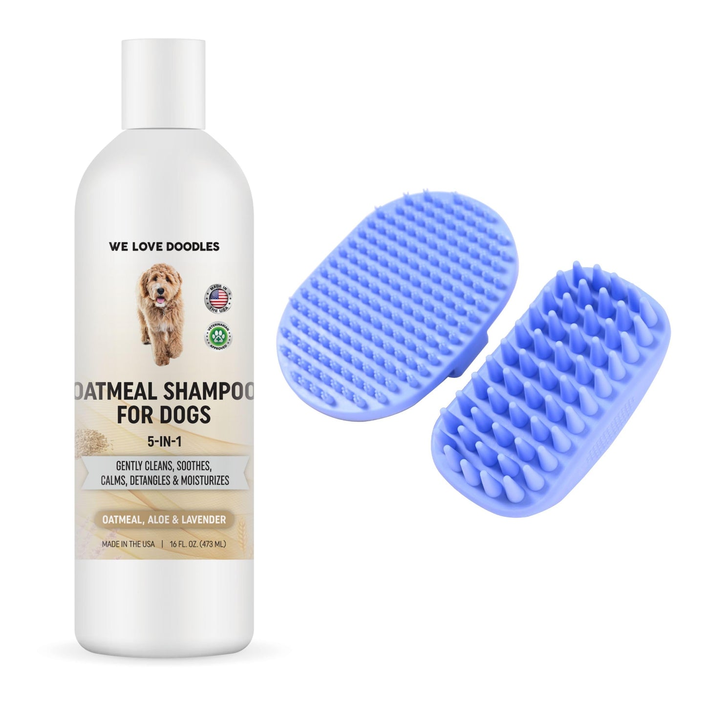 We Love Doodles 5-in-1 Premium Oatmeal Shampoo & Dog Grooming Bath Brush Bundle - Gentle for Itchy & Sensitive Skin, Provides Itch Relief, Hypoallergenic & Soothing for Dry Skin, Pet Rubber Brush