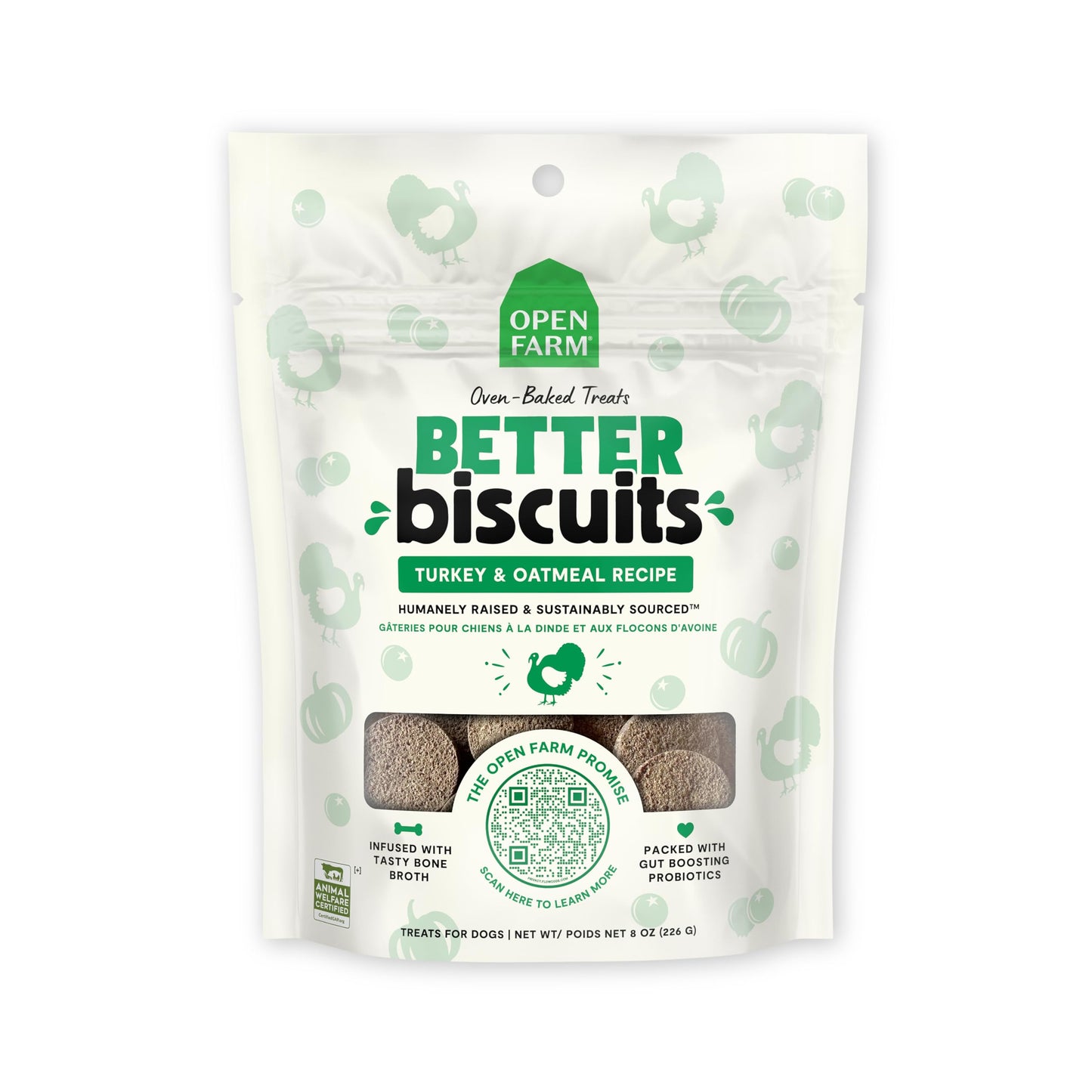 Open Farm Better Biscuits, Oven Baked Dog Treats with Probiotics, Turkey & Oatmeal Recipe, 8oz Pouch