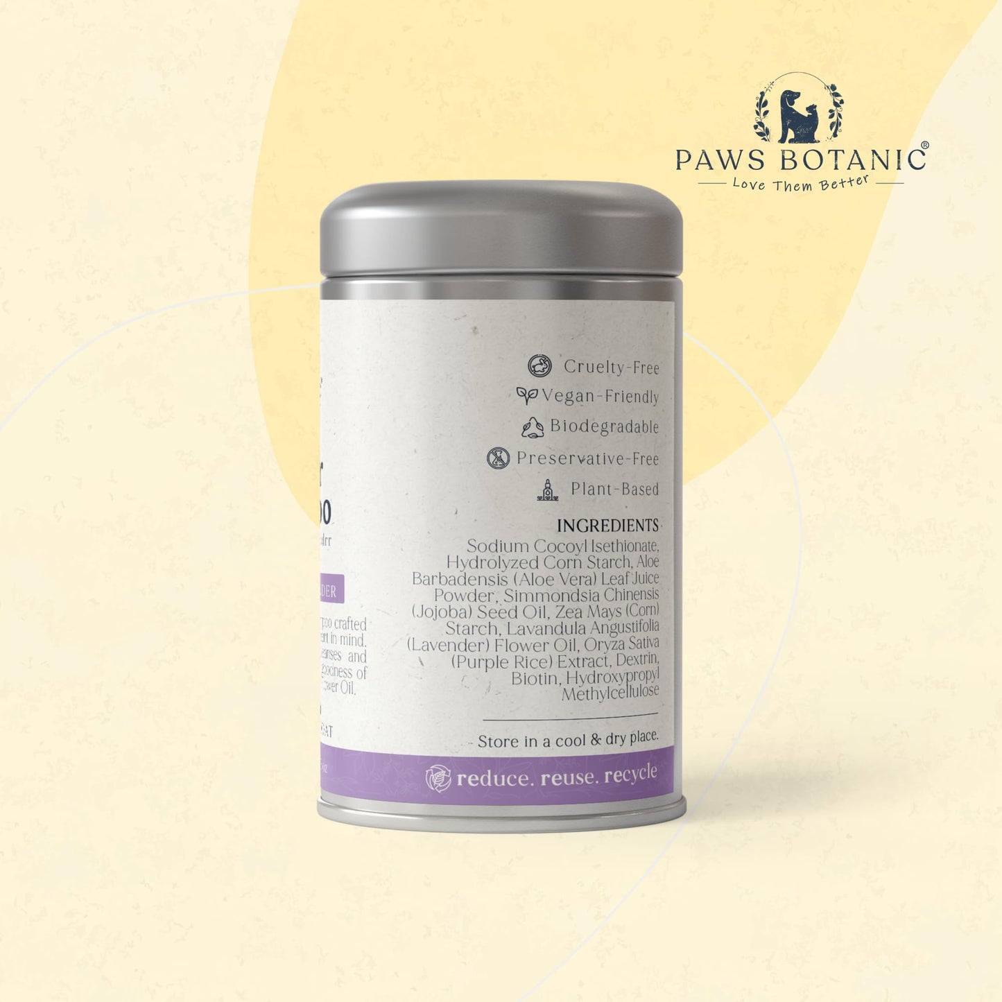 Paws Botanic Unscented Dog Dry Shampoo, Powder Shampoo for Dogs, Regular Skin & Coat, 3.5 oz with Bamboo Spoon (Calming Lavender)