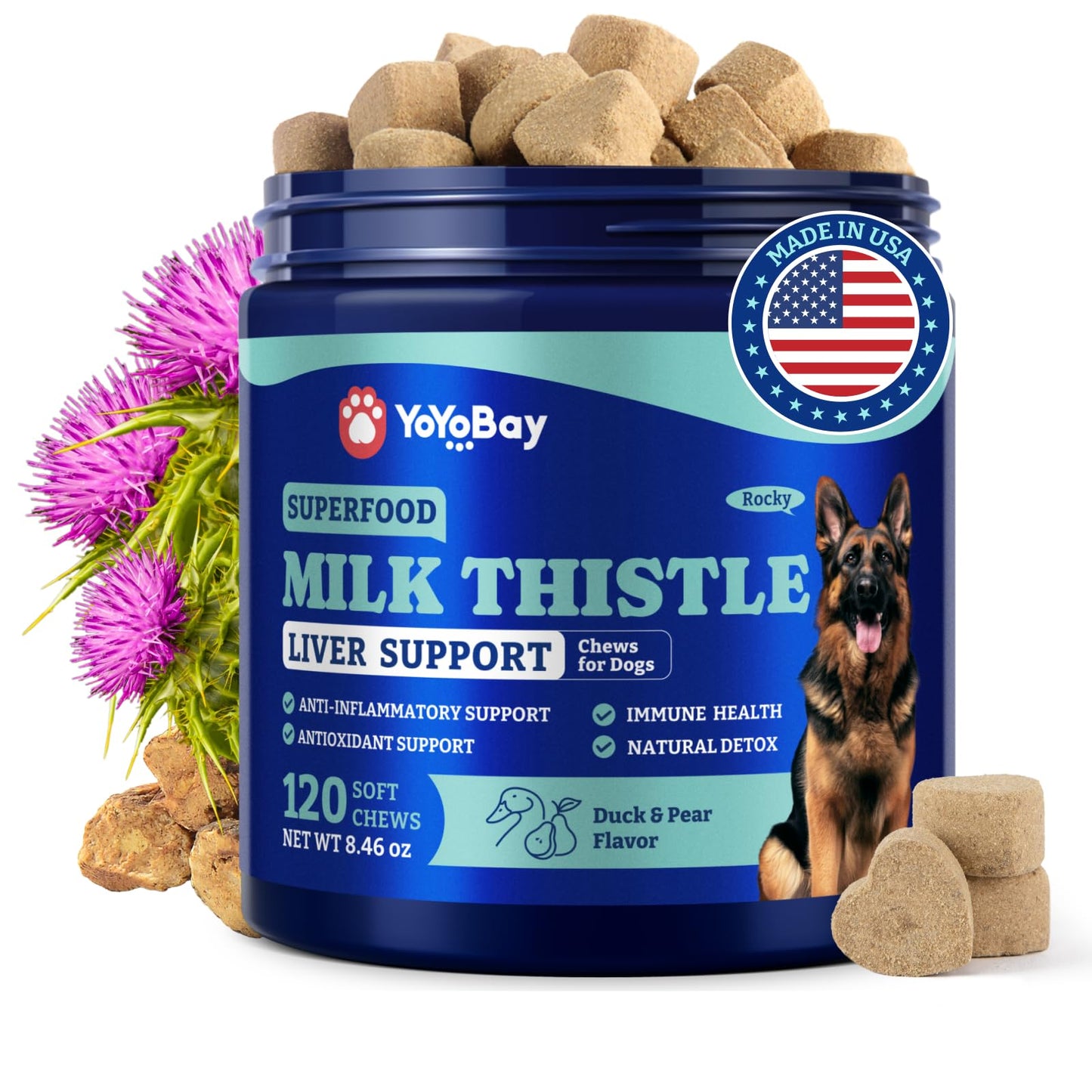 Milk Thistle Liver Support Chews for Dogs – Soft Chews with NAC, Curcumin, Choline & Dandelion – Supports Liver Function, Antioxidant Defense & Immune Health – Duck & Pear Flavor – 120 Count