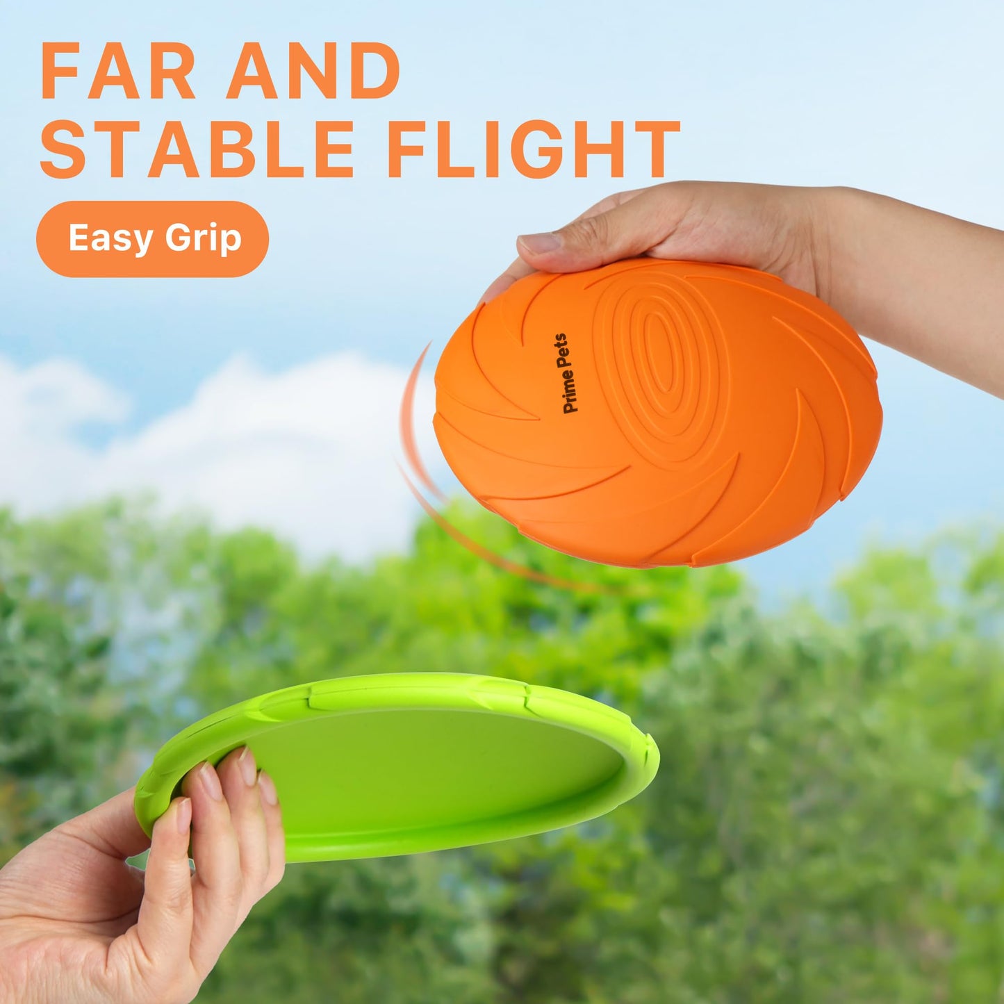 Prime Pets Dog Flying Disc, 2 Pack, 7 Inch, Durable Dog Toys, Nature Rubber Floating Flying Saucer for Water Pool Beach, Orange and Green