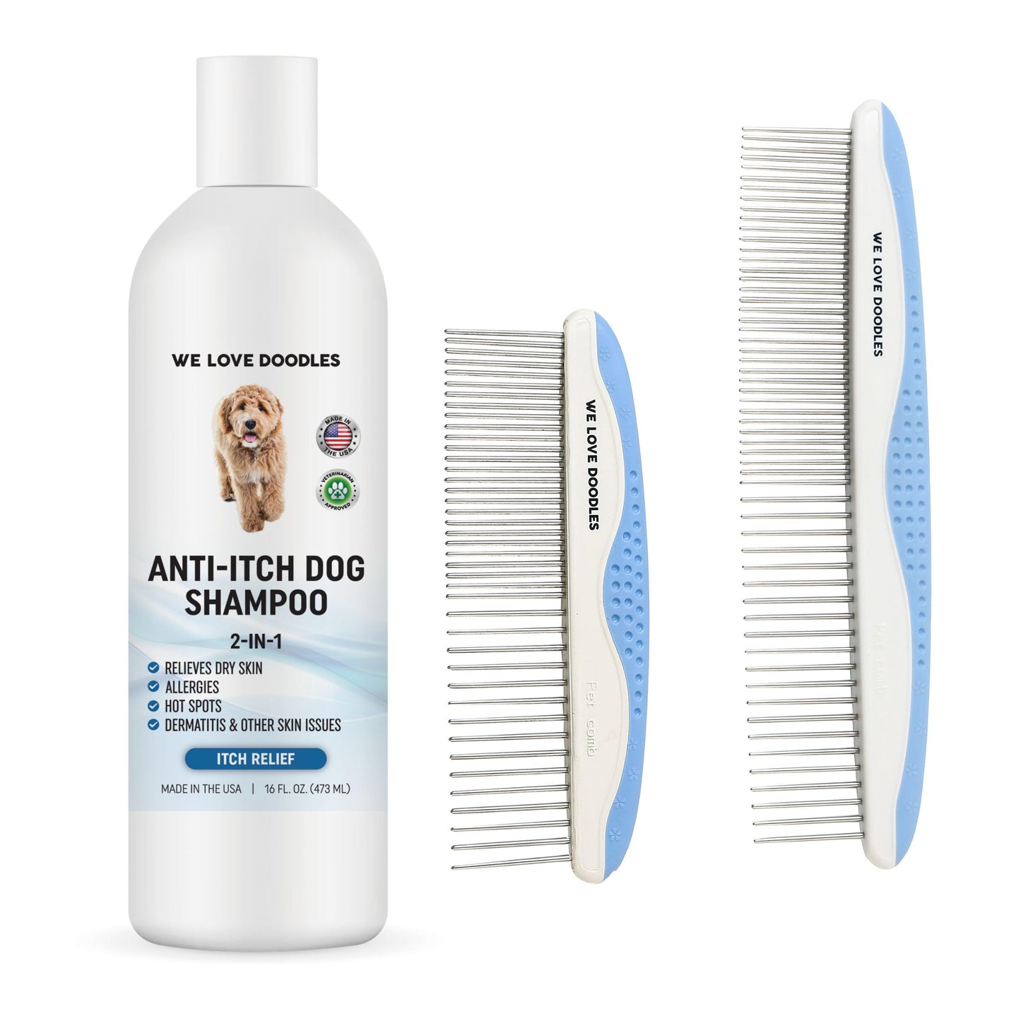 We Love Doodles Anti Itch Dog Shampoo and Grooming Comb - for Sensitive Skin, Dry Skin Treatment, Itching Skin, Allergy Relief, Removes Tangles & Matts, Detangler Comb for Matted Hair, Made in USA