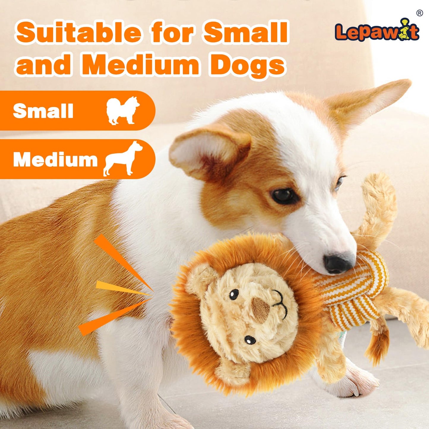 Lepawit Squeaky Dog Toys, Cute Lionet with Rope for Teething, Durable Dog Chew Toys for Small and Medium Dogs