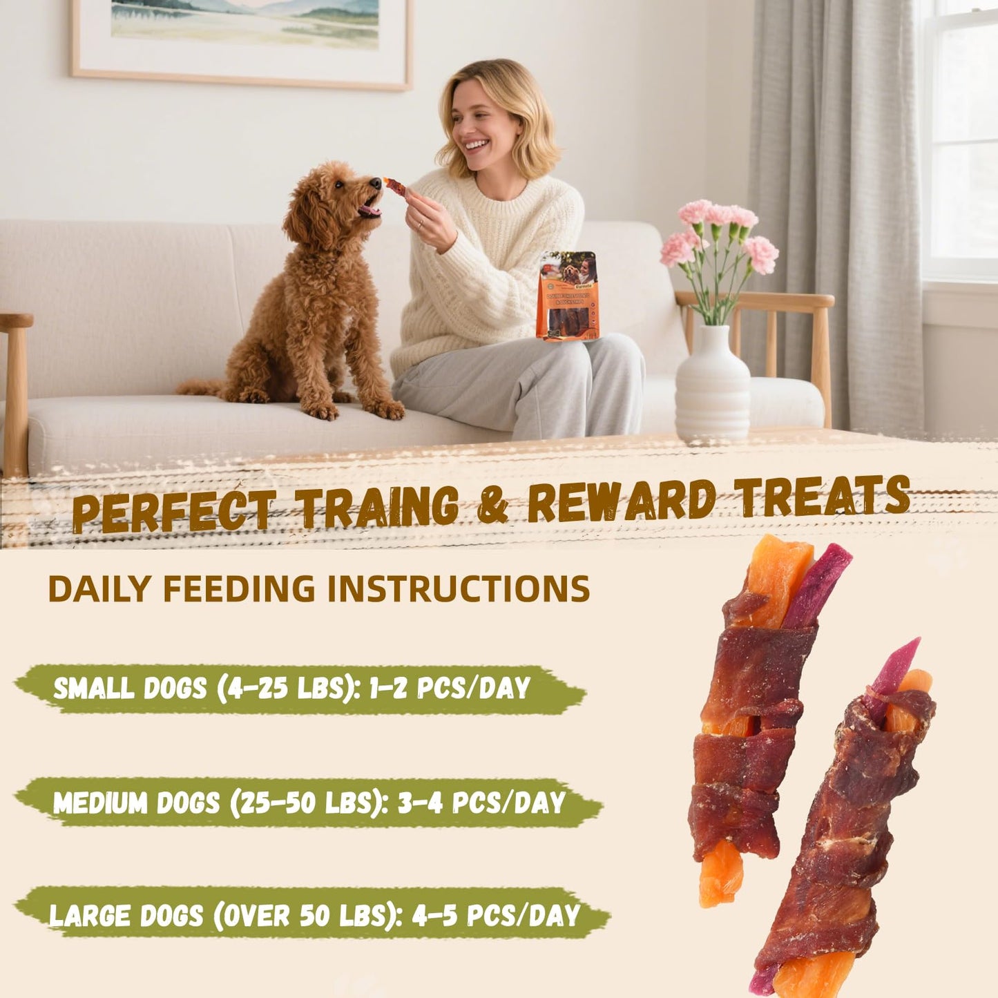 Furmate Dog Jerky Treats Duck Wrapped Orange Purple Sweet Potato, Healthy Dog Snacks High Protein Low Fat, Soft Chews Eliminates Tears, Training Rewards Treats for Small Medium Large Breeds,10.58 oz