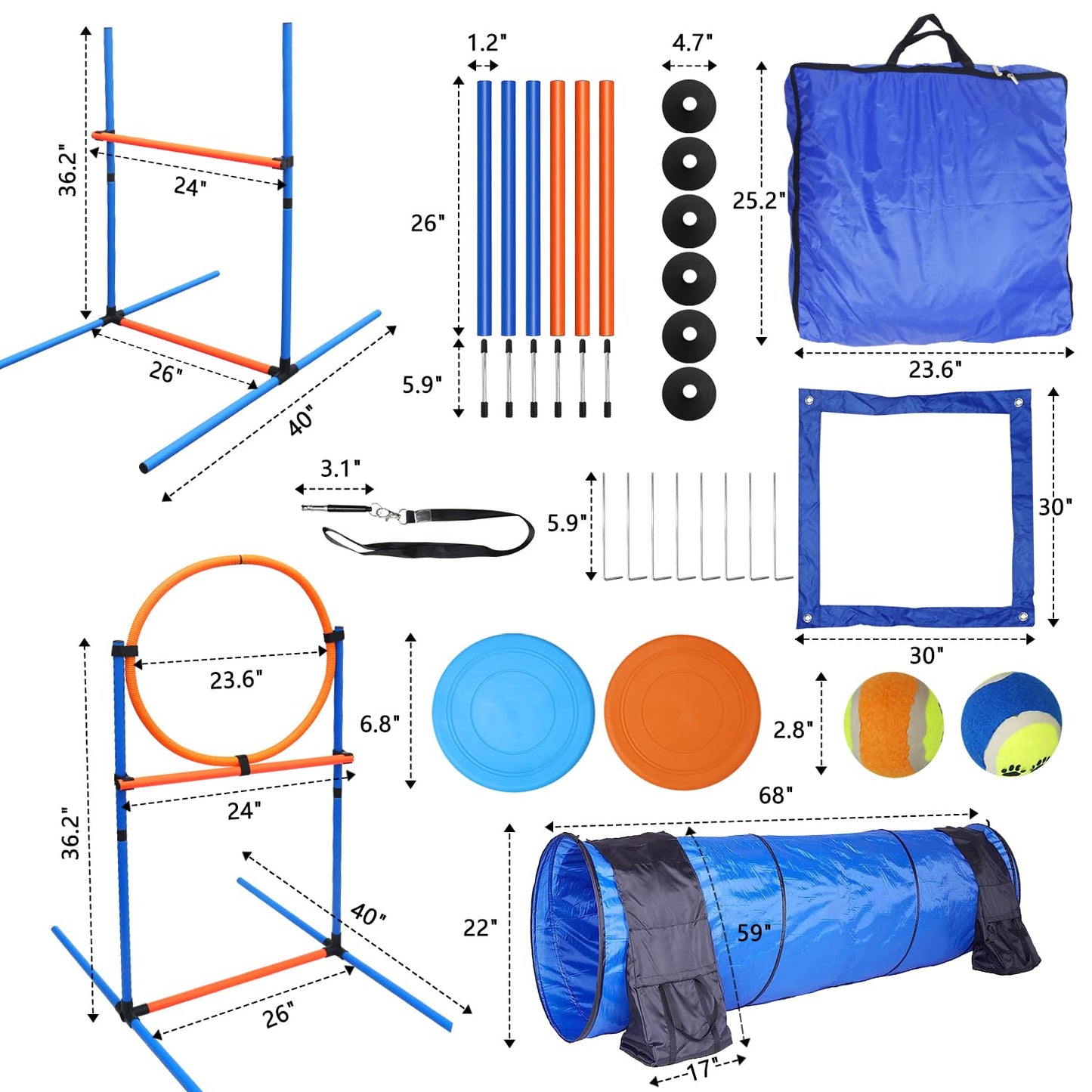 Dog Agility Training Equipment Set Outdoor Indoor Game, Tire Jump + Hurdle Jump, Tunnel, Weave Poles, Pause Box, 2 Toy Balls, 2 Flying Discs, 1 Whistle, 1 Bag, Backyard Premium Dog Obstacle Course Kit